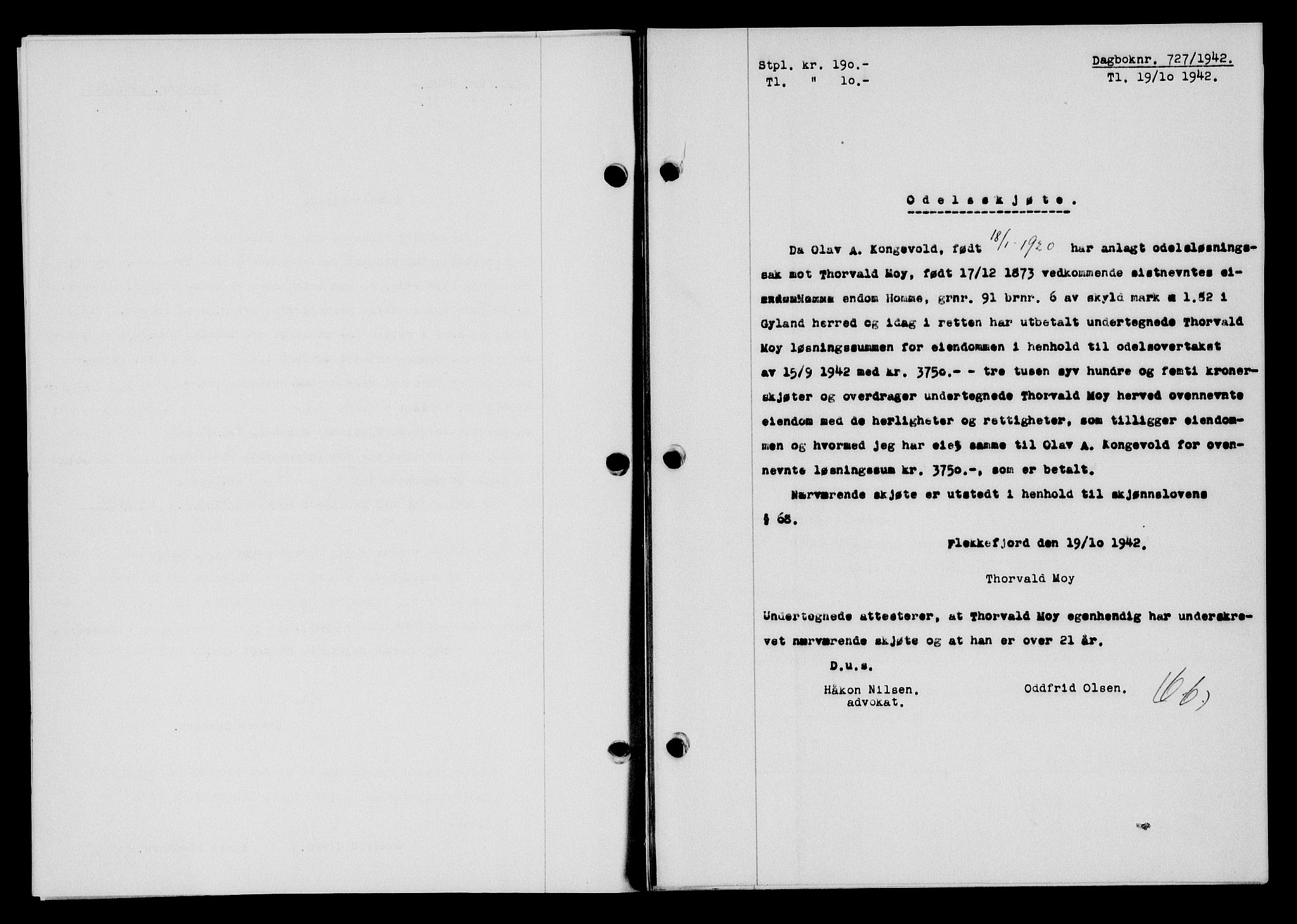 Flekkefjord sorenskriveri, SAK/1221-0001/G/Gb/Gba/L0058: Mortgage book no. A-6, 1942-1944, Diary no: : 727/1942