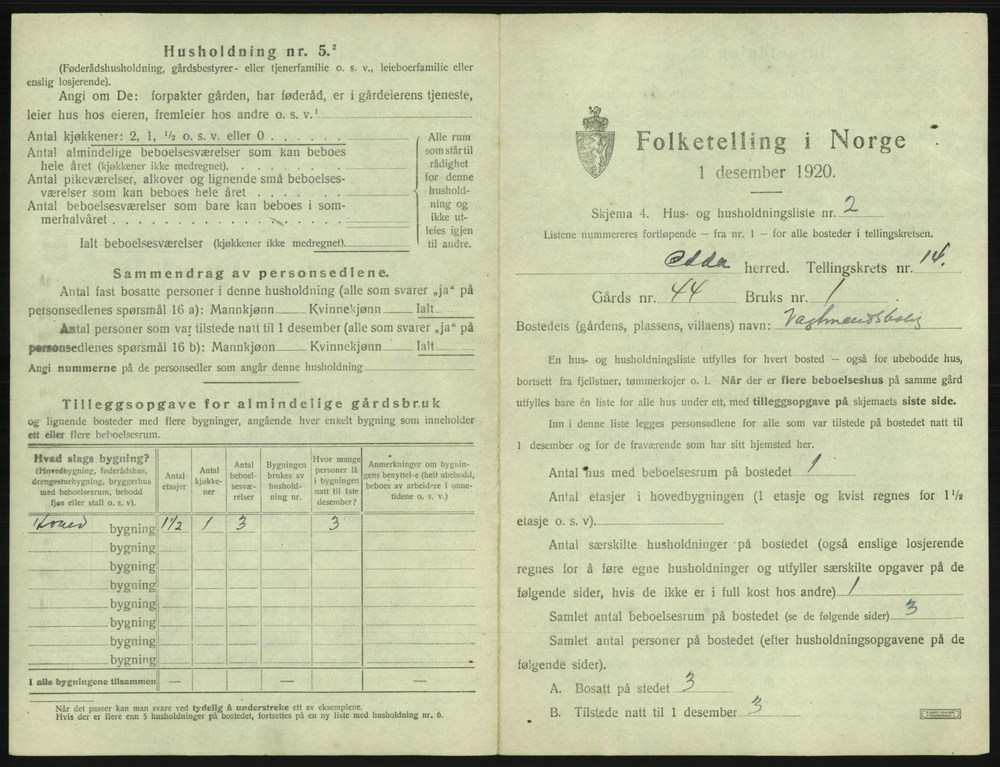 SAB, 1920 census for Odda, 1920, p. 1150