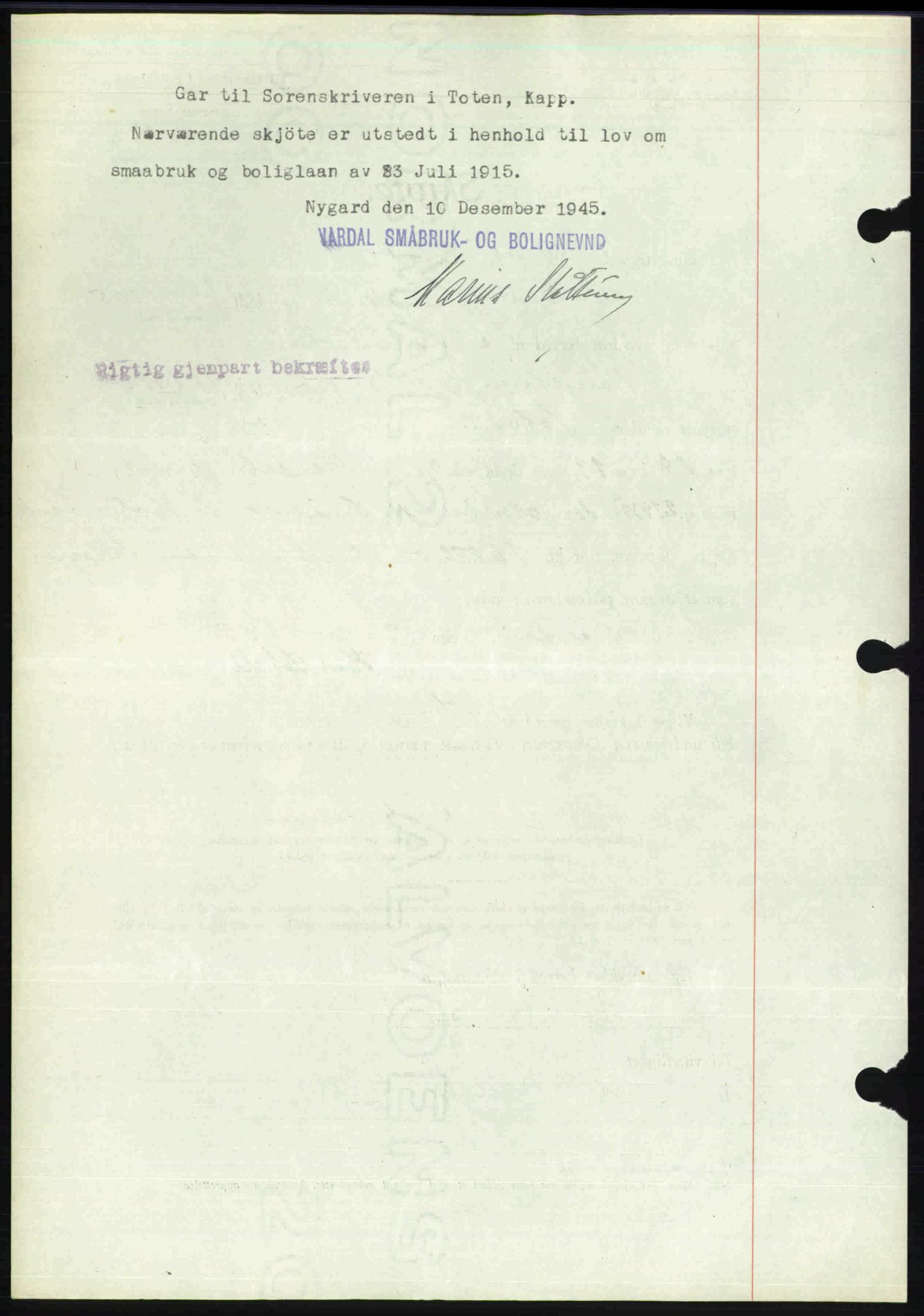 Toten tingrett, SAH/TING-006/H/Hb/Hbc/L0013: Mortgage book no. Hbc-13, 1945-1945, Diary no: : 1737/1945