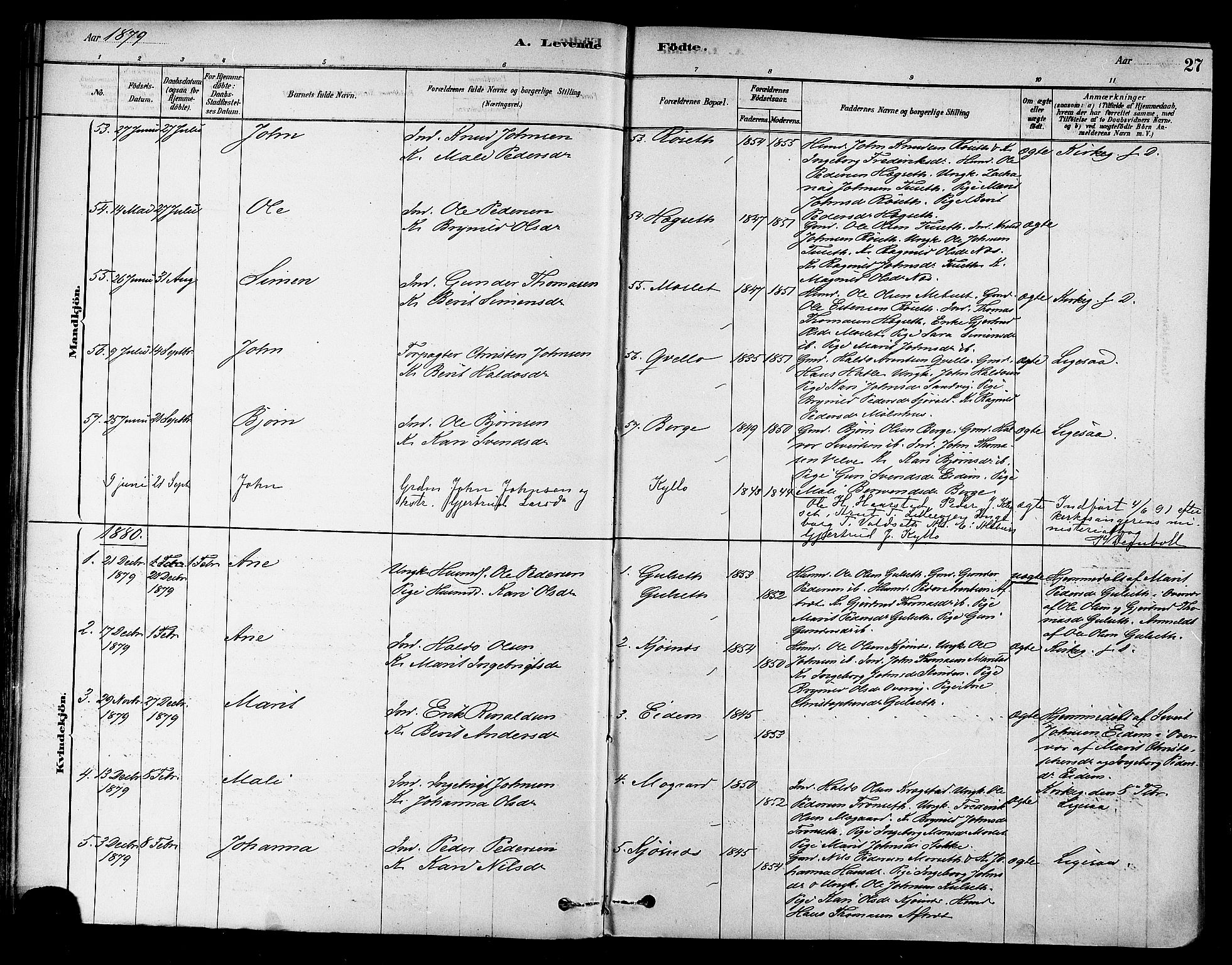 Ministerialprotokoller, klokkerbøker og fødselsregistre - Sør-Trøndelag, SAT/A-1456/695/L1148: Parish register (official) no. 695A08, 1878-1891, p. 27