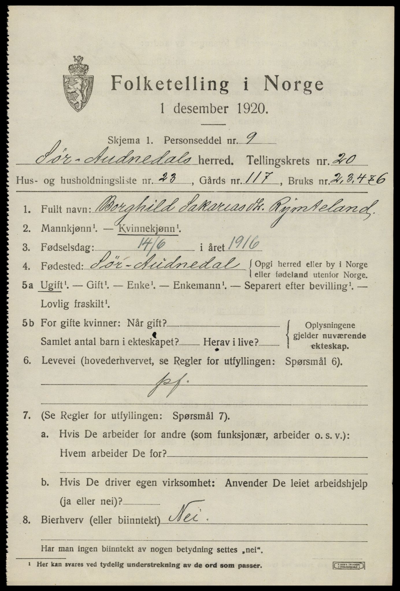 SAK, 1920 census for Sør-Audnedal, 1920, p. 6909