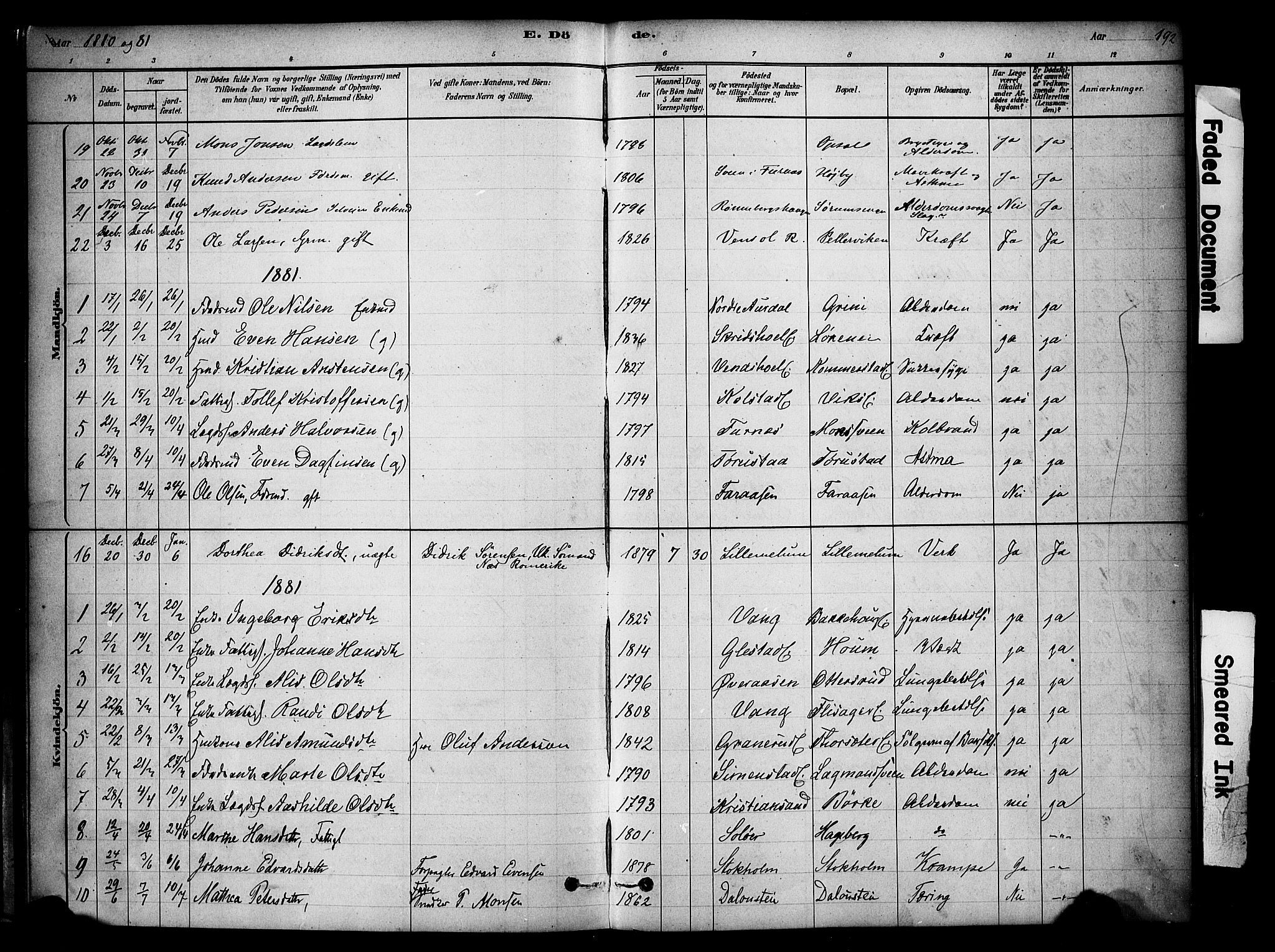 Ringsaker prestekontor, SAH/PREST-014/K/Ka/L0014: Parish register (official) no. 14, 1879-1890, p. 192