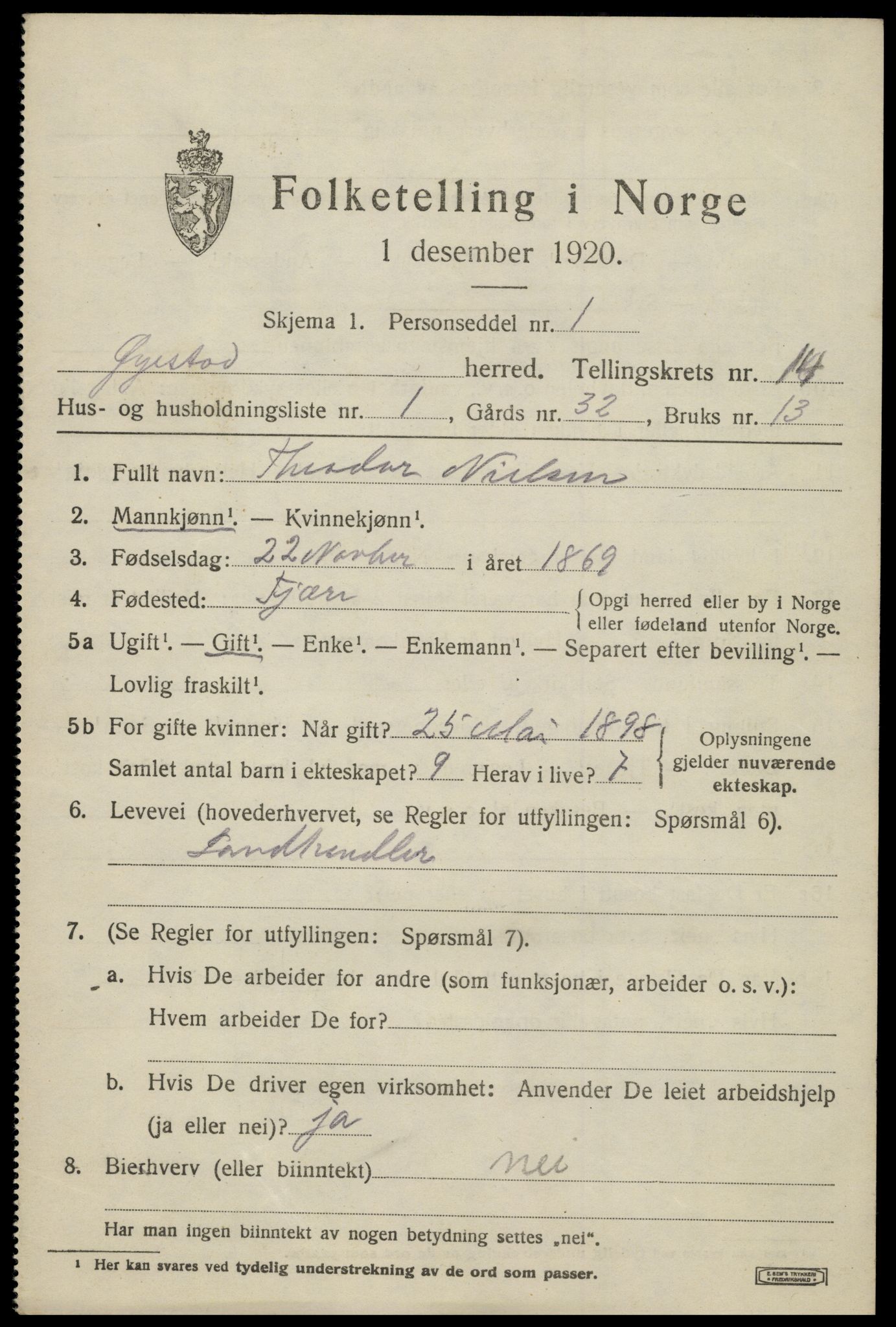 SAK, 1920 census for Øyestad, 1920, p. 9256