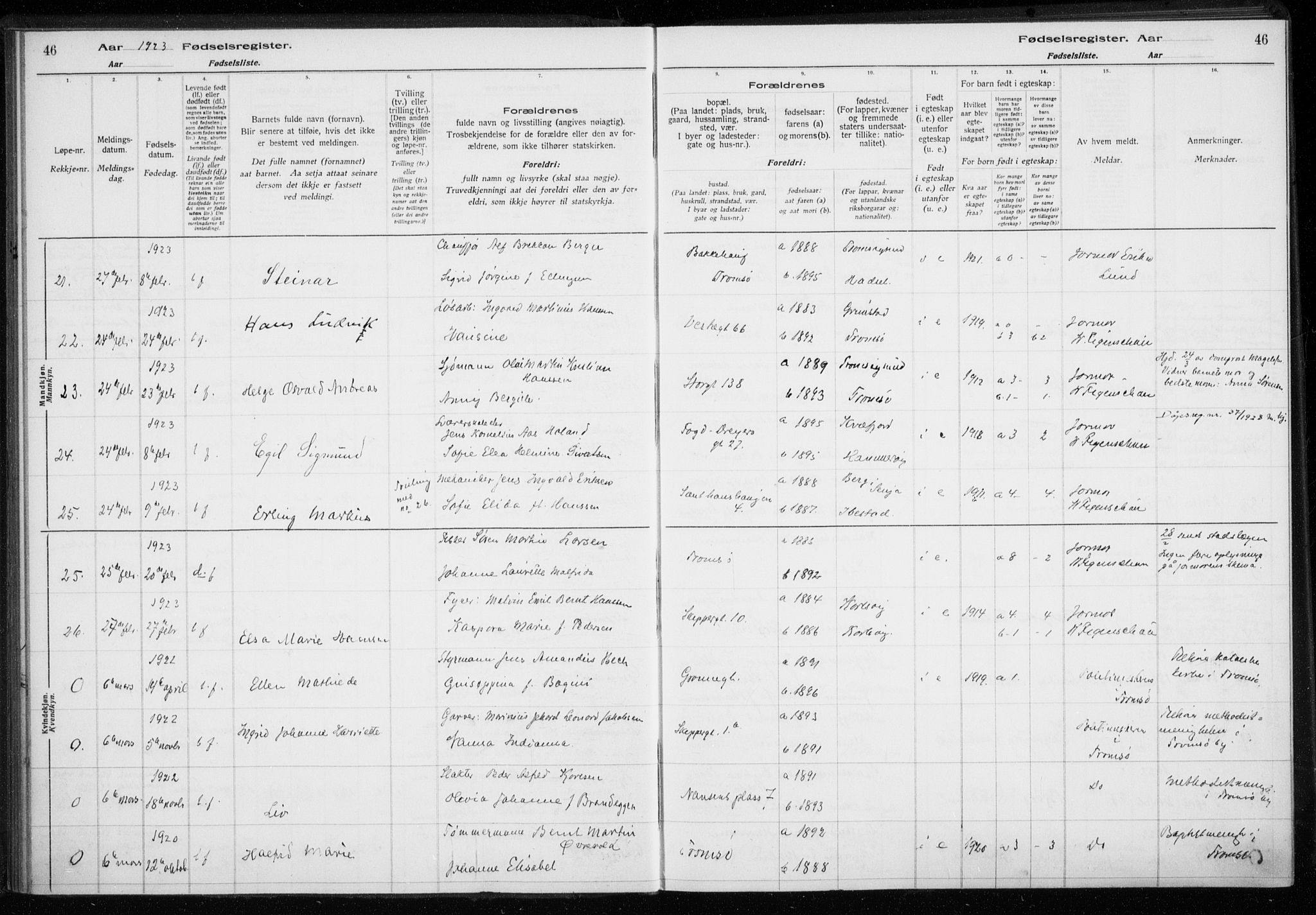 Tromsø sokneprestkontor/stiftsprosti/domprosti, AV/SATØ-S-1343/H/Ha/L0132: Birth register no. 132, 1921-1927, p. 46