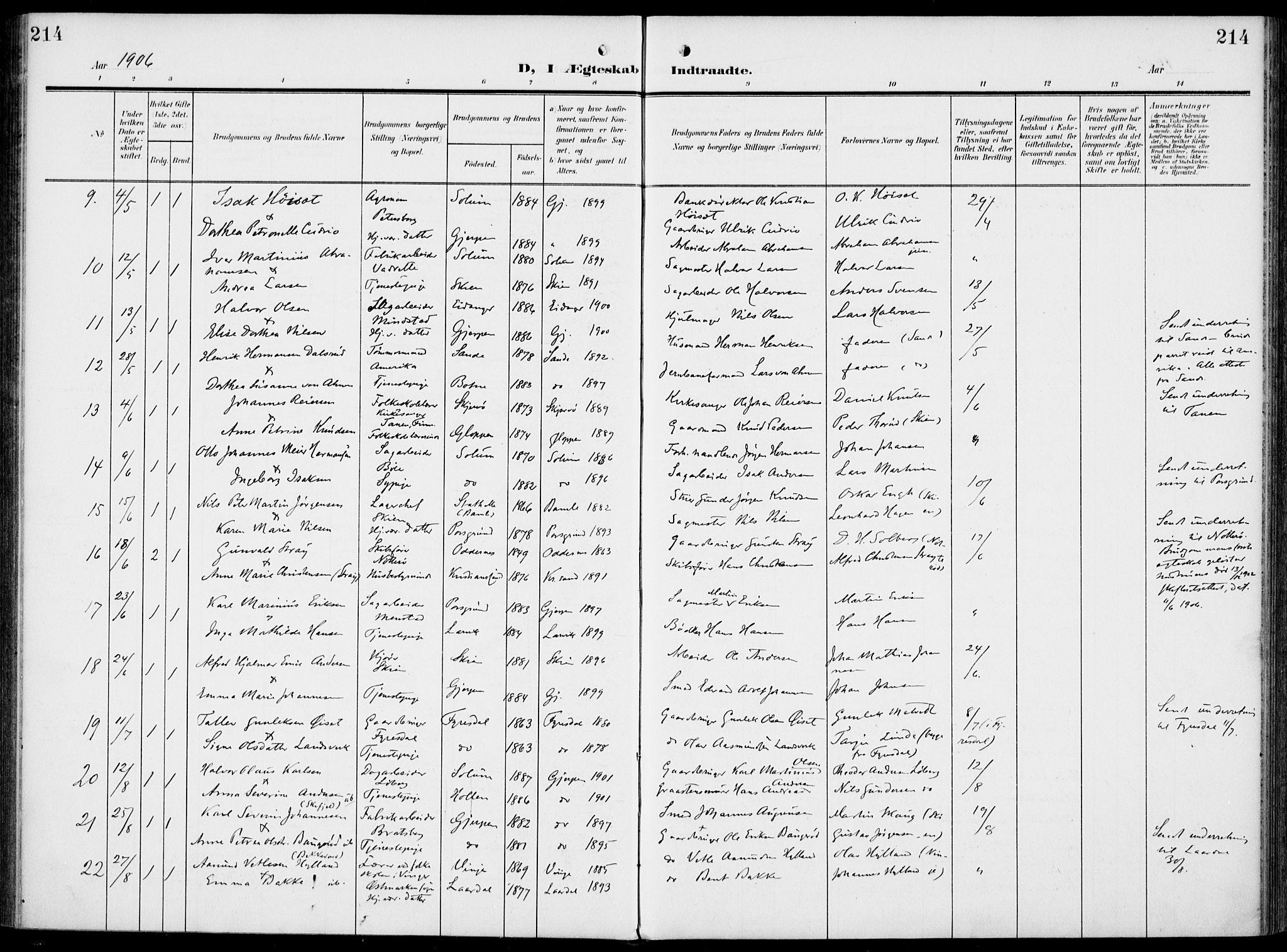 Gjerpen kirkebøker, AV/SAKO-A-265/F/Fa/L0012: Parish register (official) no. I 12, 1905-1913, p. 214