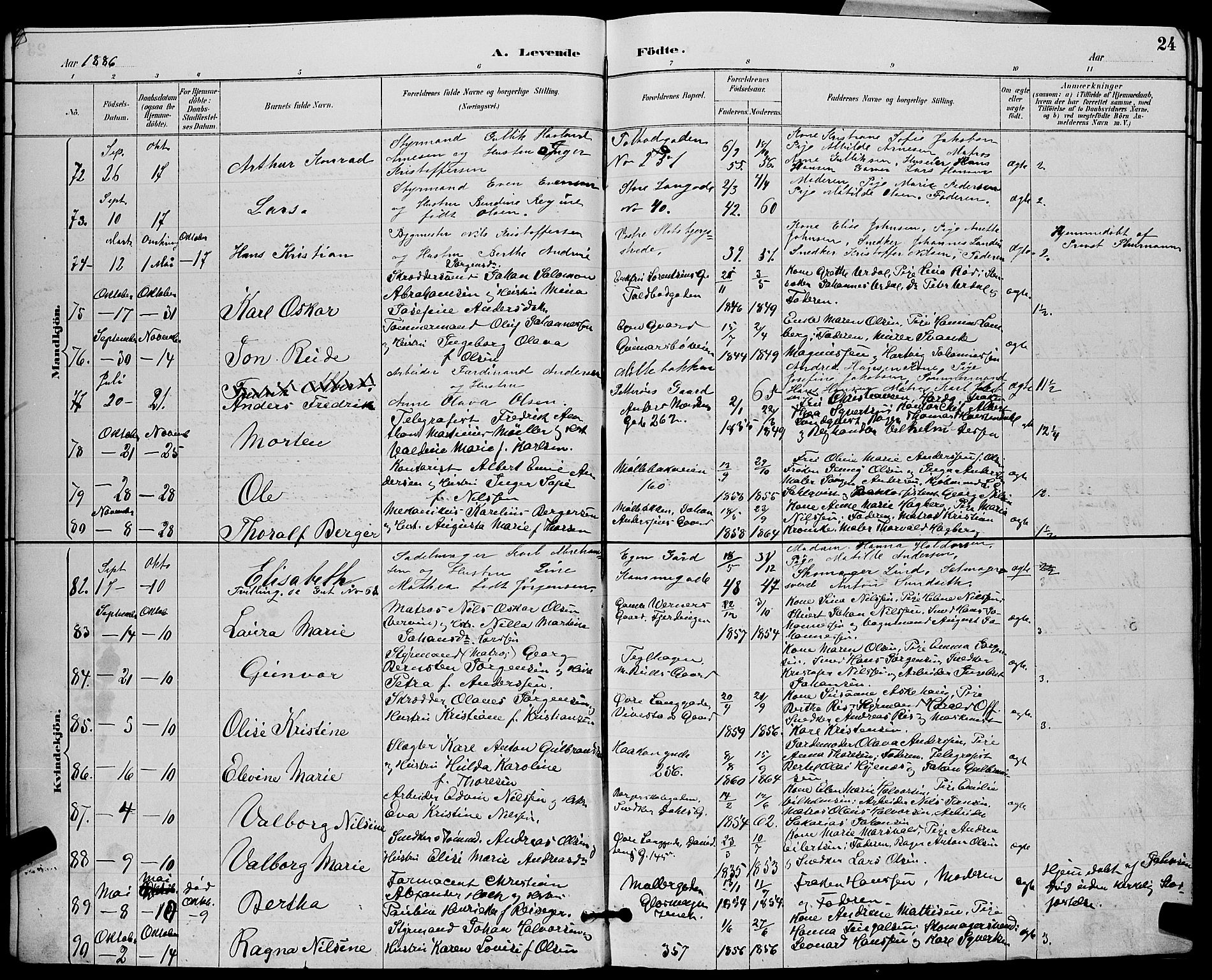 Tønsberg kirkebøker, AV/SAKO-A-330/G/Ga/L0006: Parish register (copy) no. 6, 1885-1895, p. 24