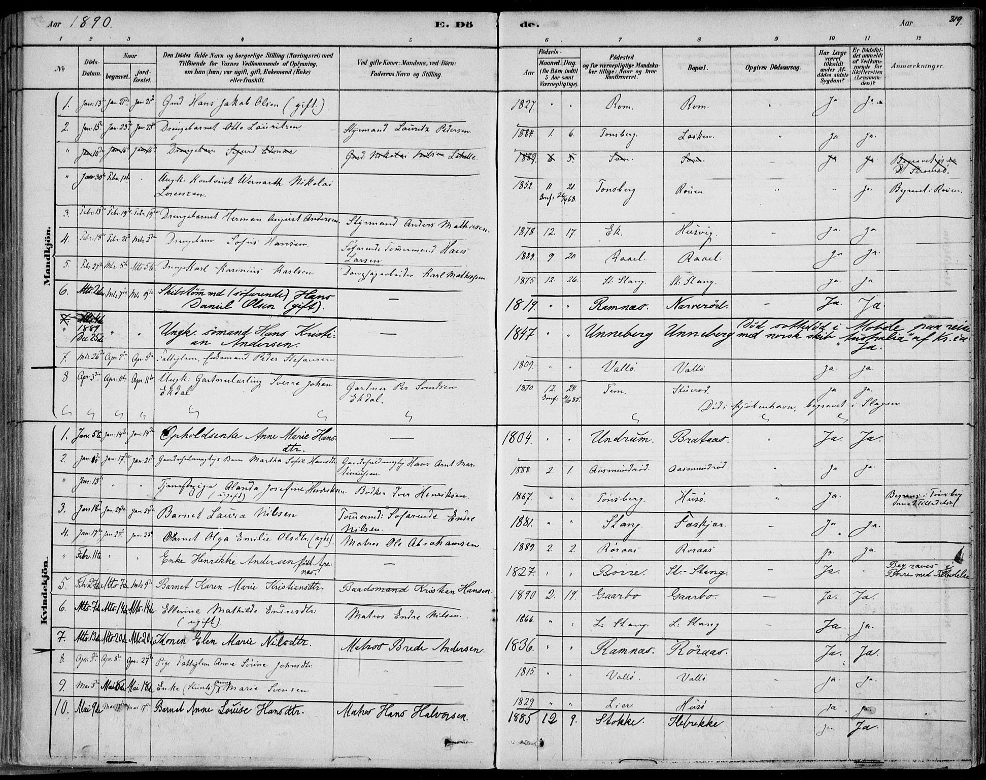 Sem kirkebøker, AV/SAKO-A-5/F/Fb/L0004: Parish register (official) no. II 4, 1878-1891, p. 319