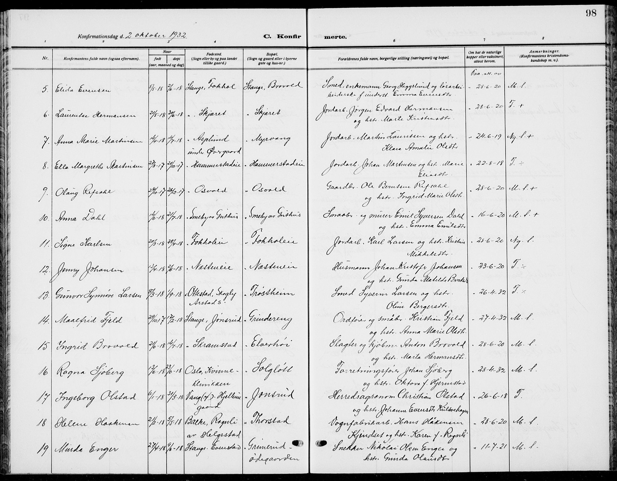 Stange prestekontor, AV/SAH-PREST-002/L/L0018: Parish register (copy) no. 18, 1929-1937, p. 98