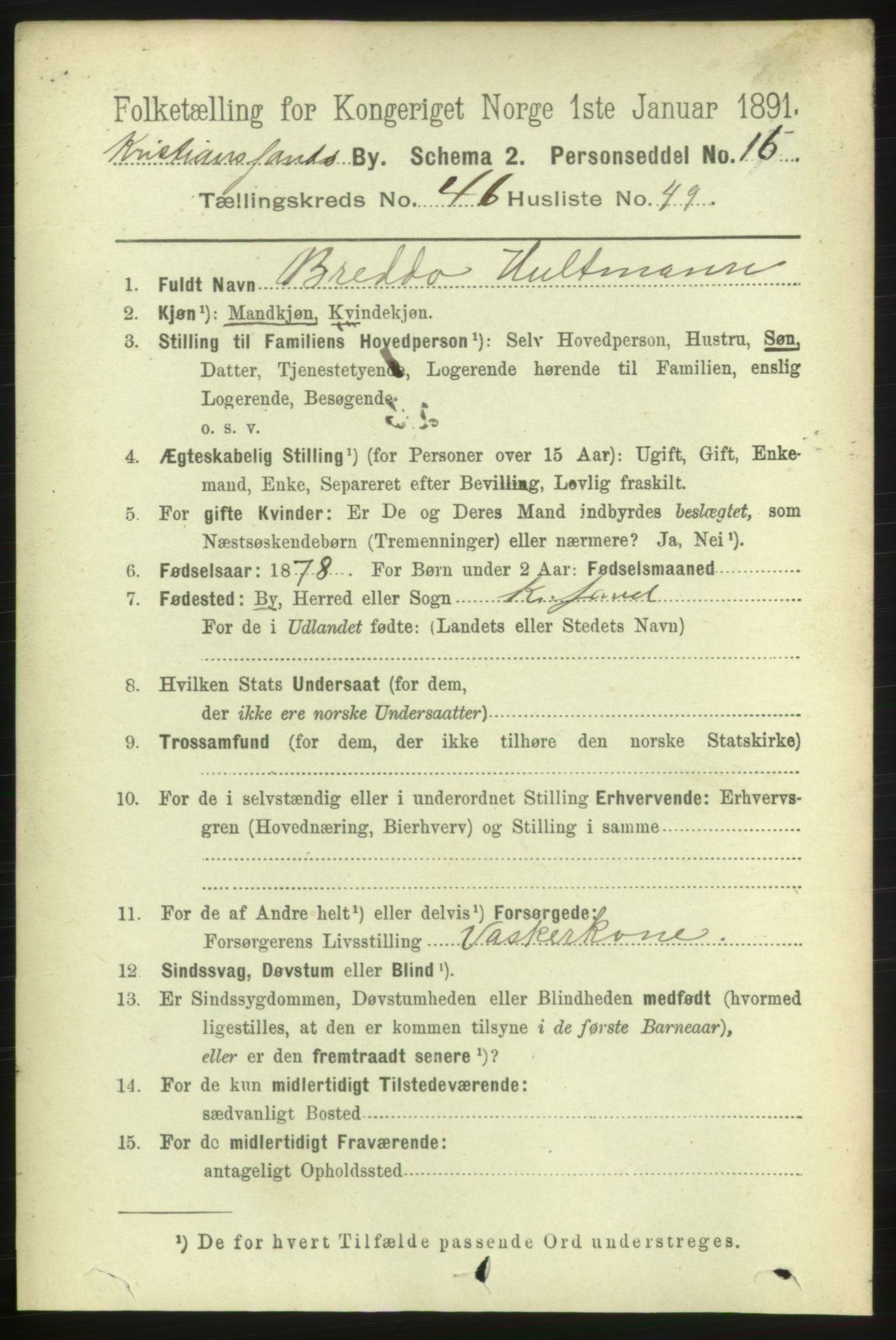 RA, 1891 census for 1001 Kristiansand, 1891, p. 14579