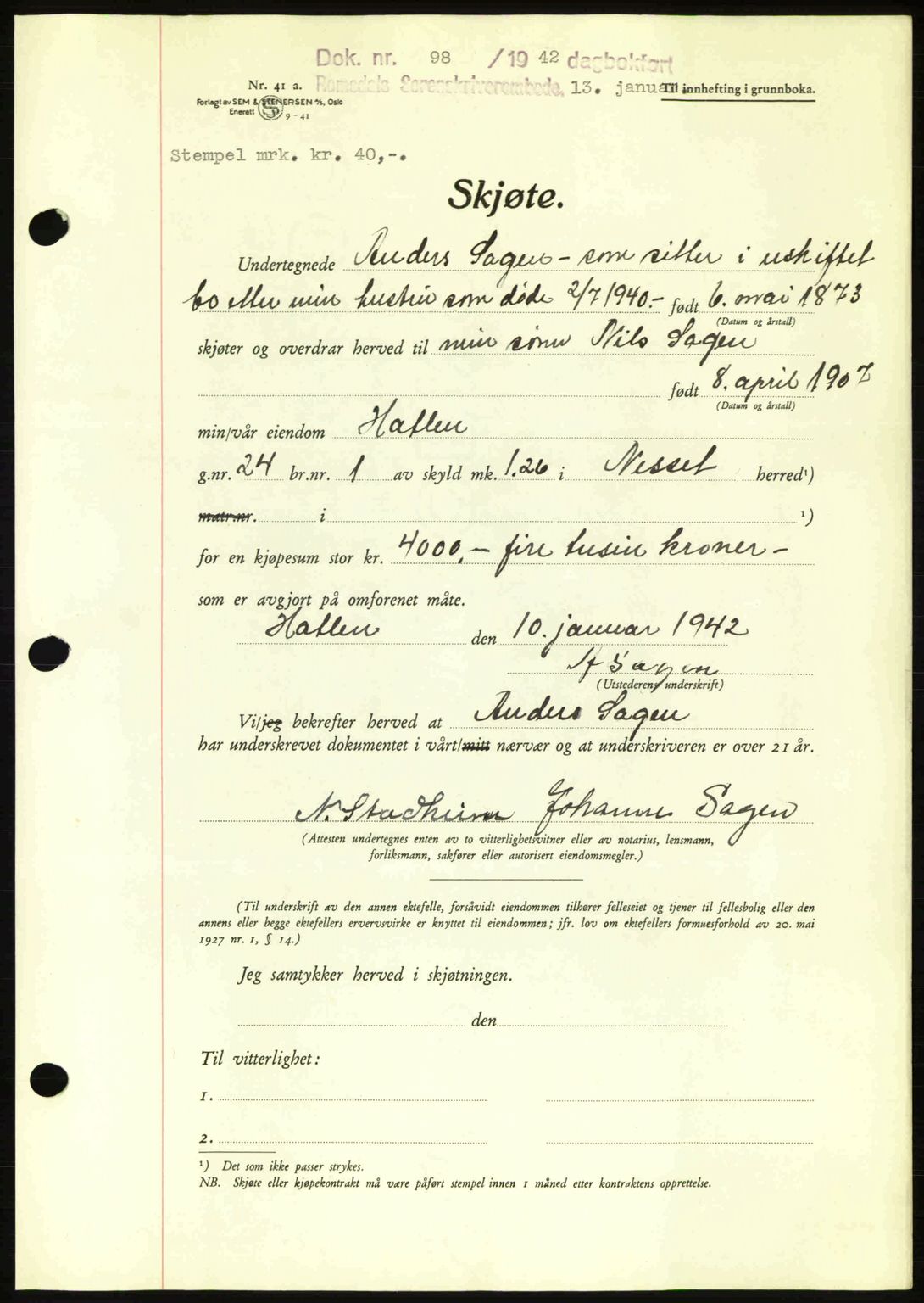 Romsdal sorenskriveri, AV/SAT-A-4149/1/2/2C: Mortgage book no. A11, 1941-1942, Diary no: : 98/1942