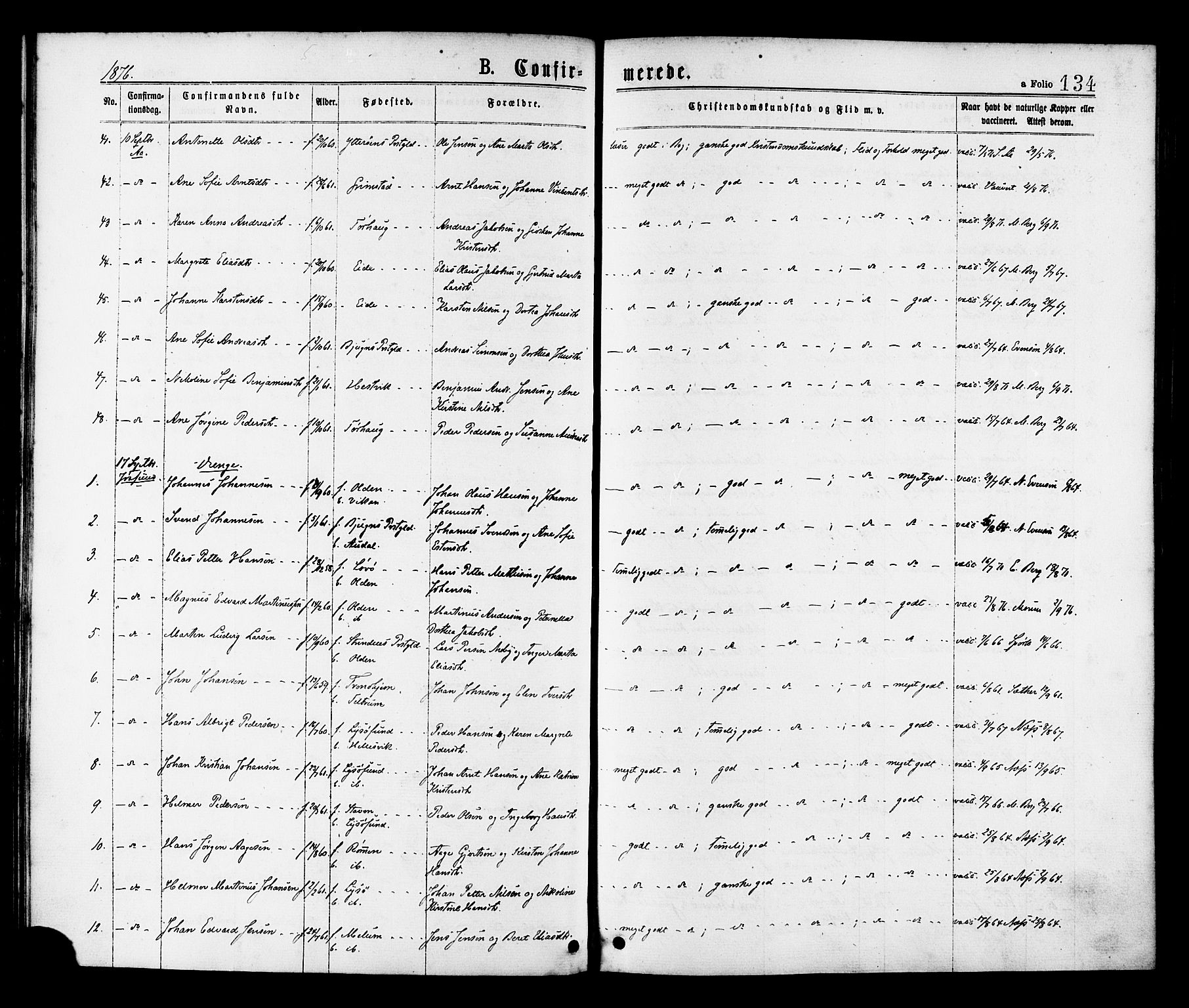 Ministerialprotokoller, klokkerbøker og fødselsregistre - Sør-Trøndelag, SAT/A-1456/655/L0679: Parish register (official) no. 655A08, 1873-1879, p. 134