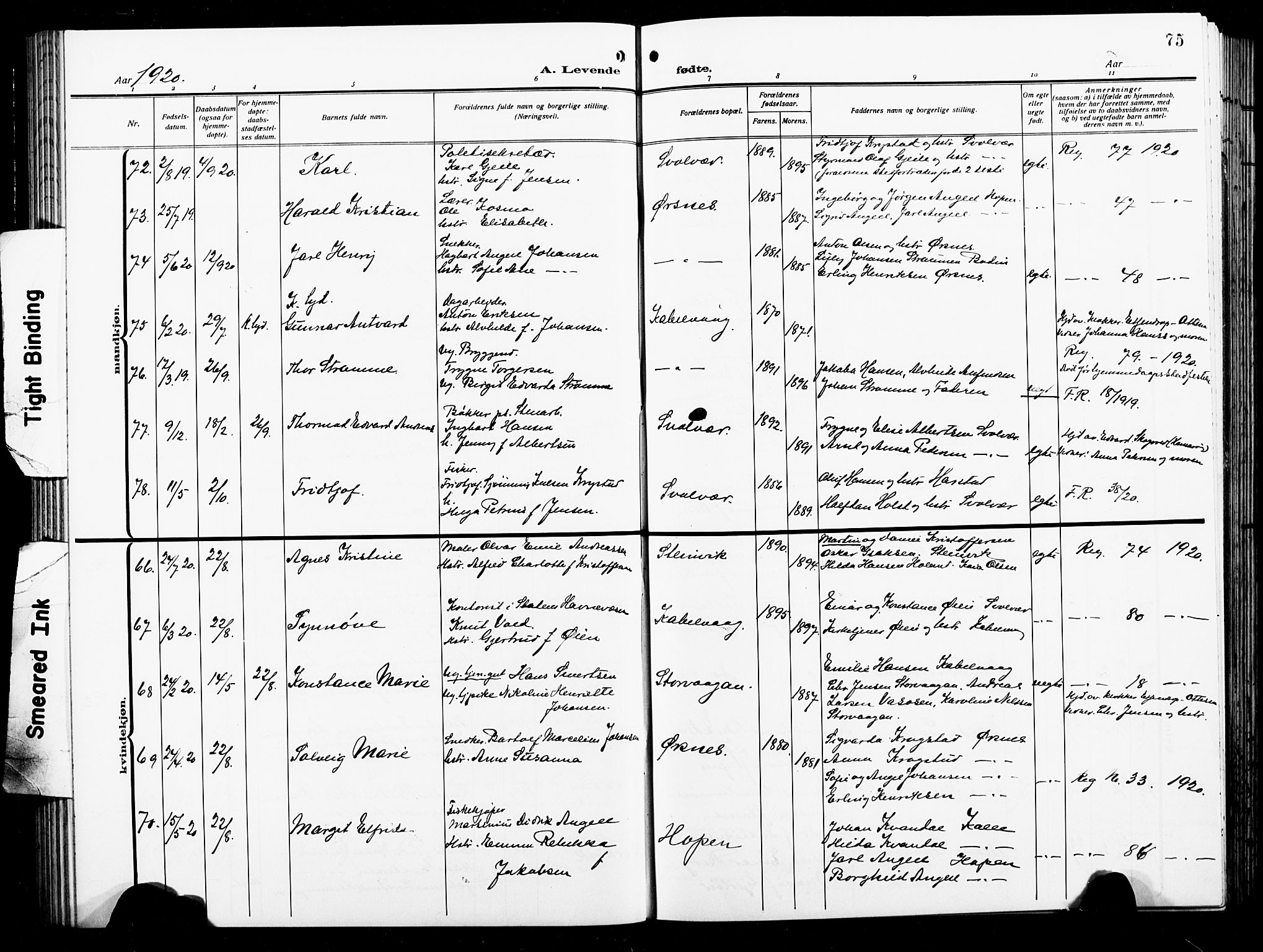 Ministerialprotokoller, klokkerbøker og fødselsregistre - Nordland, AV/SAT-A-1459/874/L1080: Parish register (copy) no. 874C09, 1915-1925, p. 75