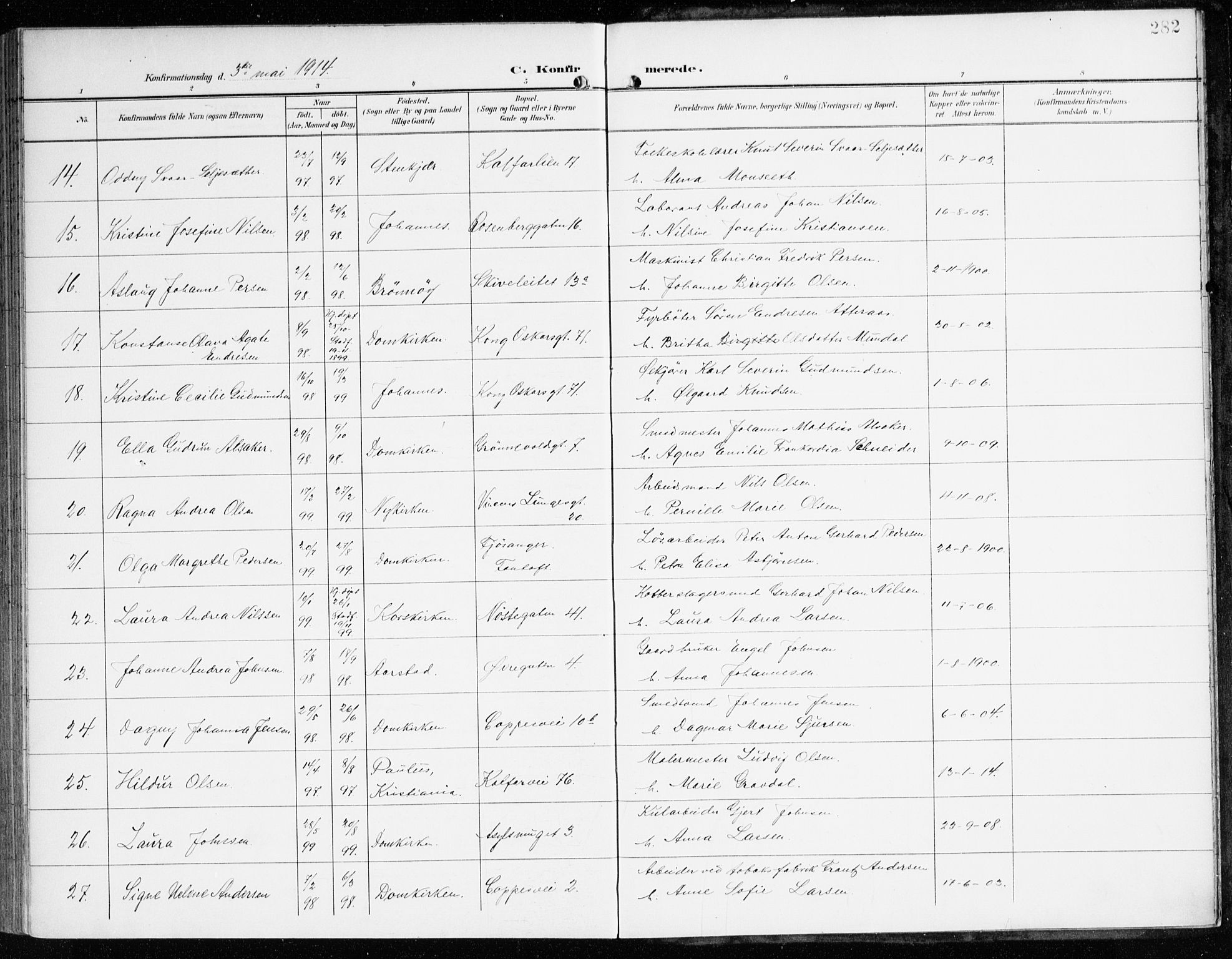 Domkirken sokneprestembete, AV/SAB-A-74801/H/Haa/L0031: Parish register (official) no. C 6, 1898-1915, p. 282