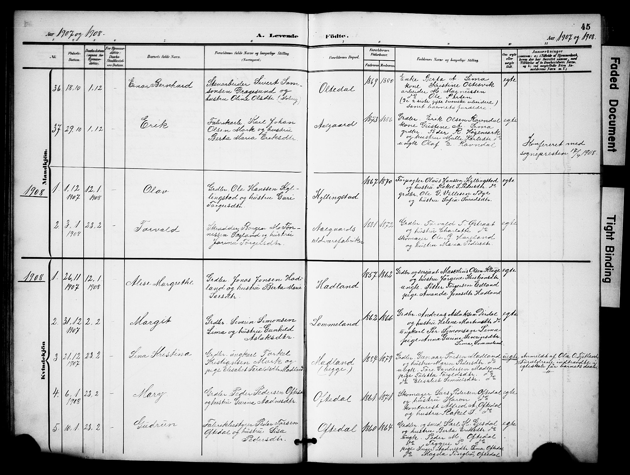 Lye sokneprestkontor, SAST/A-101794/001/30BB/L0009: Parish register (copy) no. B 9, 1902-1923, p. 45