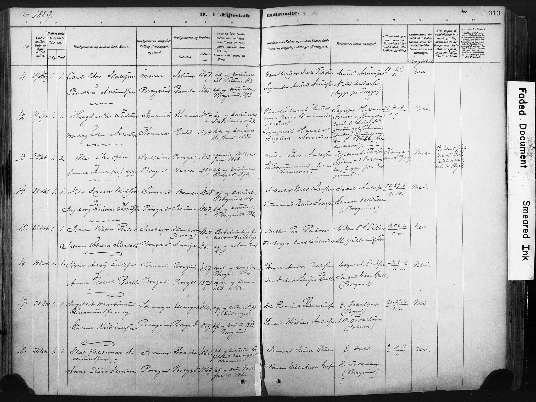 Porsgrunn kirkebøker , AV/SAKO-A-104/F/Fa/L0008: Parish register (official) no. 8, 1878-1895, p. 313