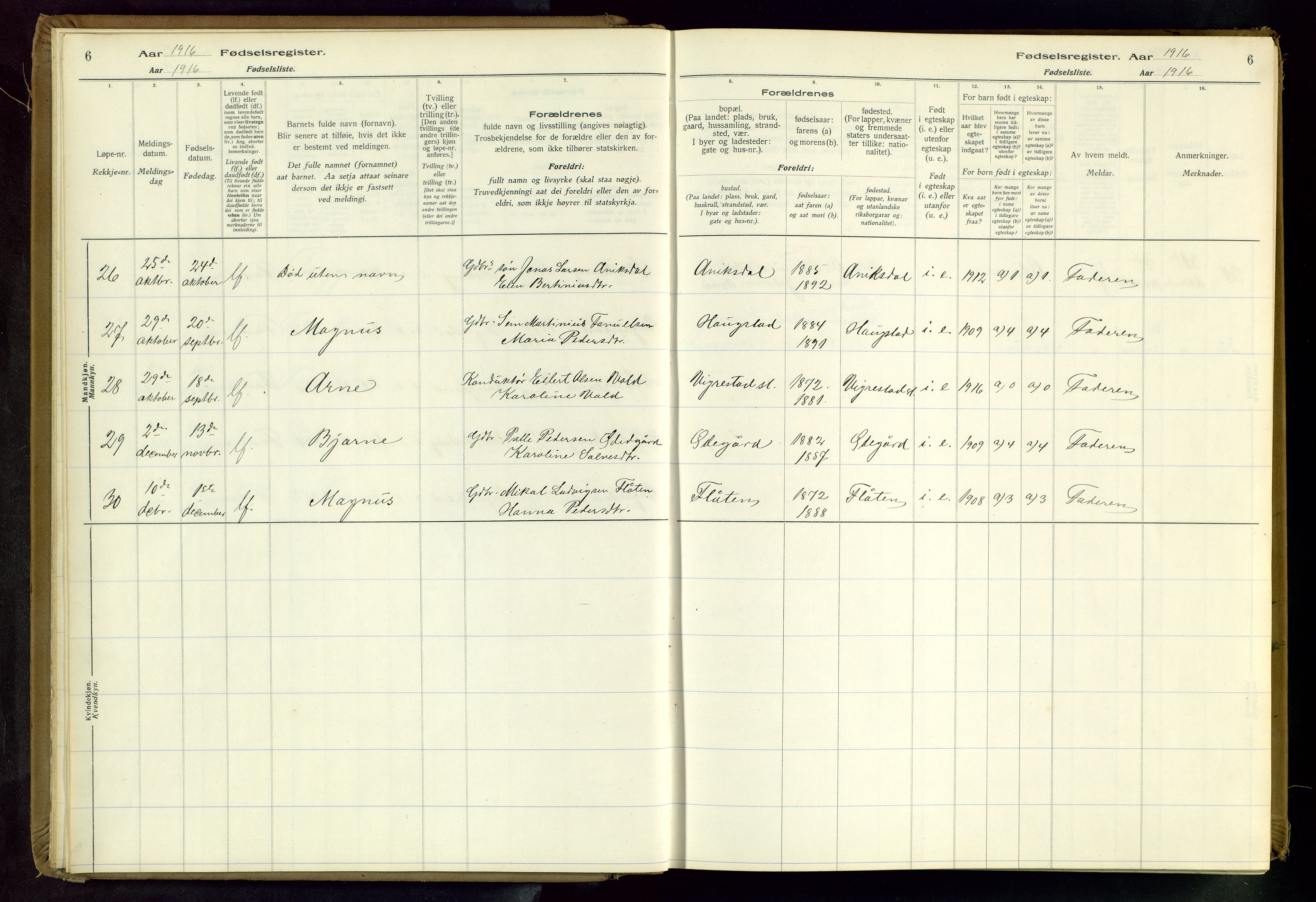 Hå sokneprestkontor, SAST/A-101801/001/704BA/L0001: Birth register no. 1, 1916-1944, p. 6