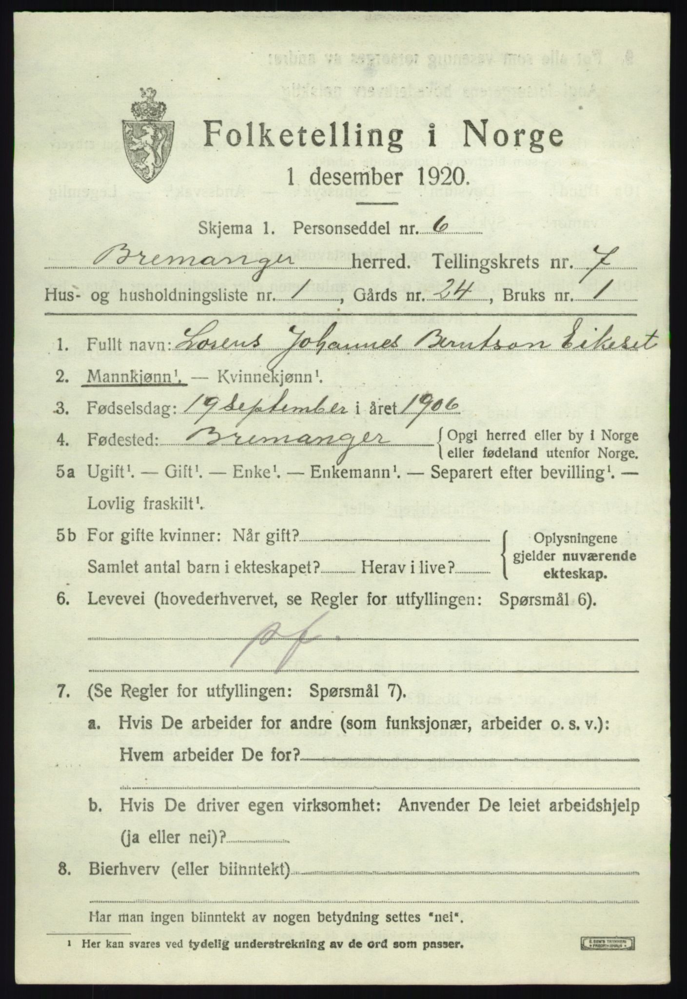 SAB, 1920 census for Bremanger, 1920, p. 4412