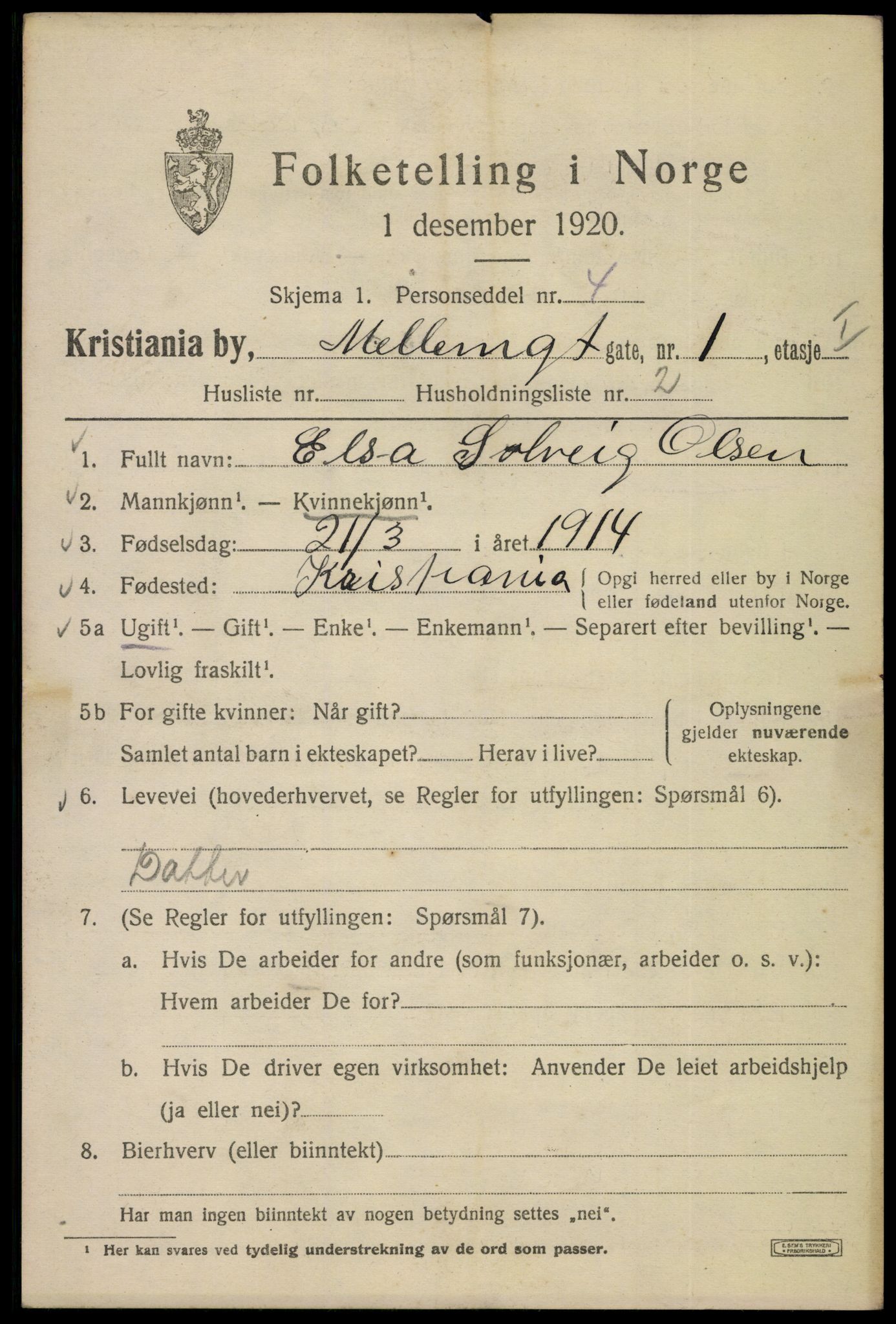 SAO, 1920 census for Kristiania, 1920, p. 394017