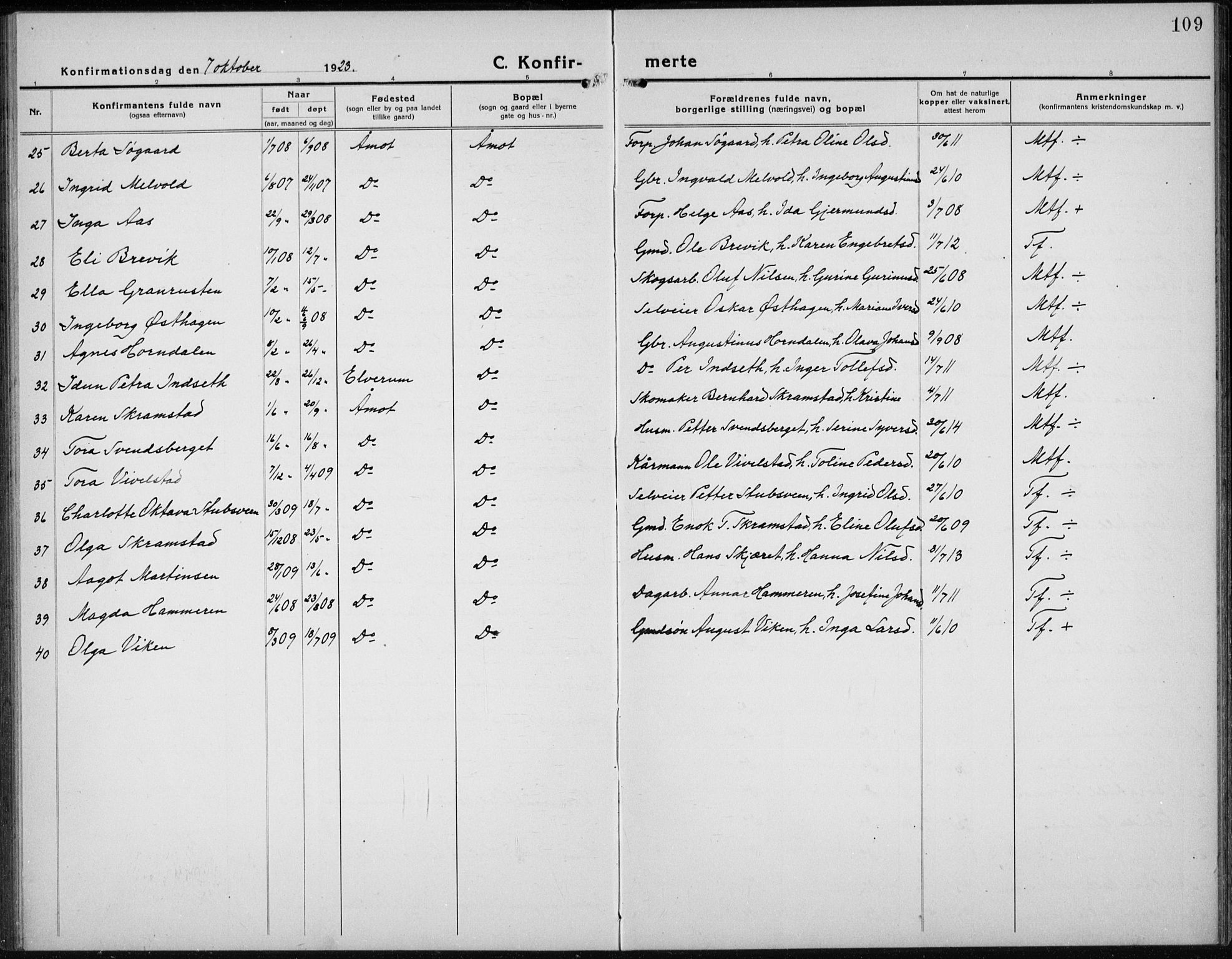 Åmot prestekontor, Hedmark, AV/SAH-PREST-056/H/Ha/Hab/L0005: Parish register (copy) no. 5, 1921-1934, p. 109