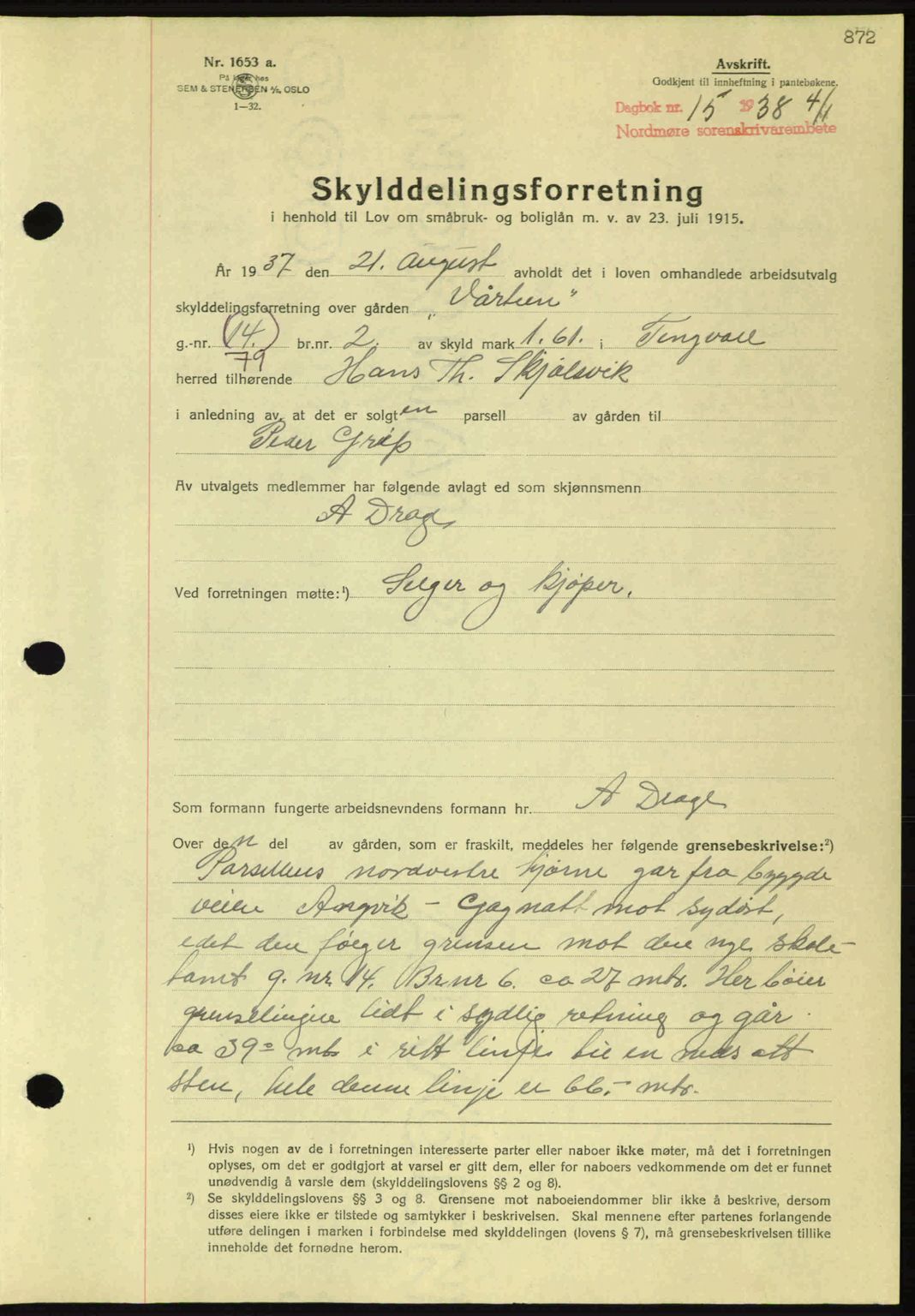 Nordmøre sorenskriveri, AV/SAT-A-4132/1/2/2Ca: Mortgage book no. A82, 1937-1938, Diary no: : 15/1938