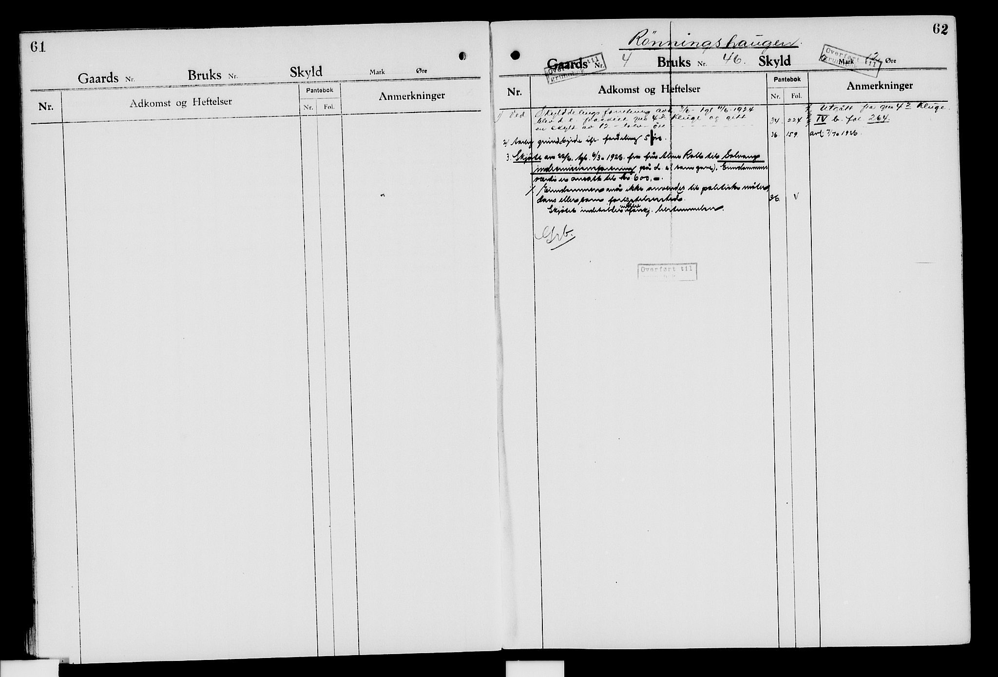Nord-Hedmark sorenskriveri, SAH/TING-012/H/Ha/Had/Hade/L0007: Mortgage register no. 4.7, 1924-1940, p. 61-62