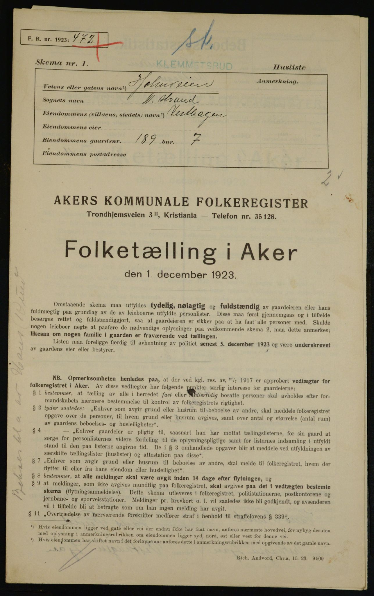 , Municipal Census 1923 for Aker, 1923, p. 39536