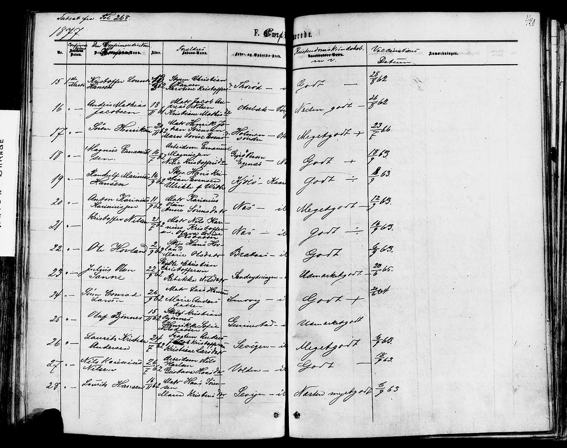 Nøtterøy kirkebøker, SAKO/A-354/F/Fa/L0007: Parish register (official) no. I 7, 1865-1877, p. 420