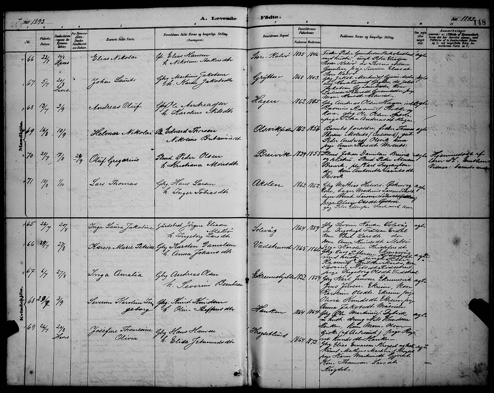 Ministerialprotokoller, klokkerbøker og fødselsregistre - Møre og Romsdal, AV/SAT-A-1454/528/L0431: Parish register (copy) no. 528C12, 1885-1898, p. 148