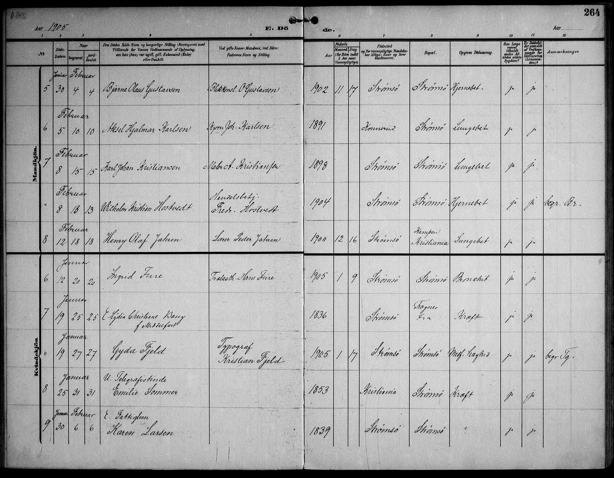 Strømsø kirkebøker, AV/SAKO-A-246/F/Fa/L0026: Parish register (official) no. I 26, 1905-1914, p. 264