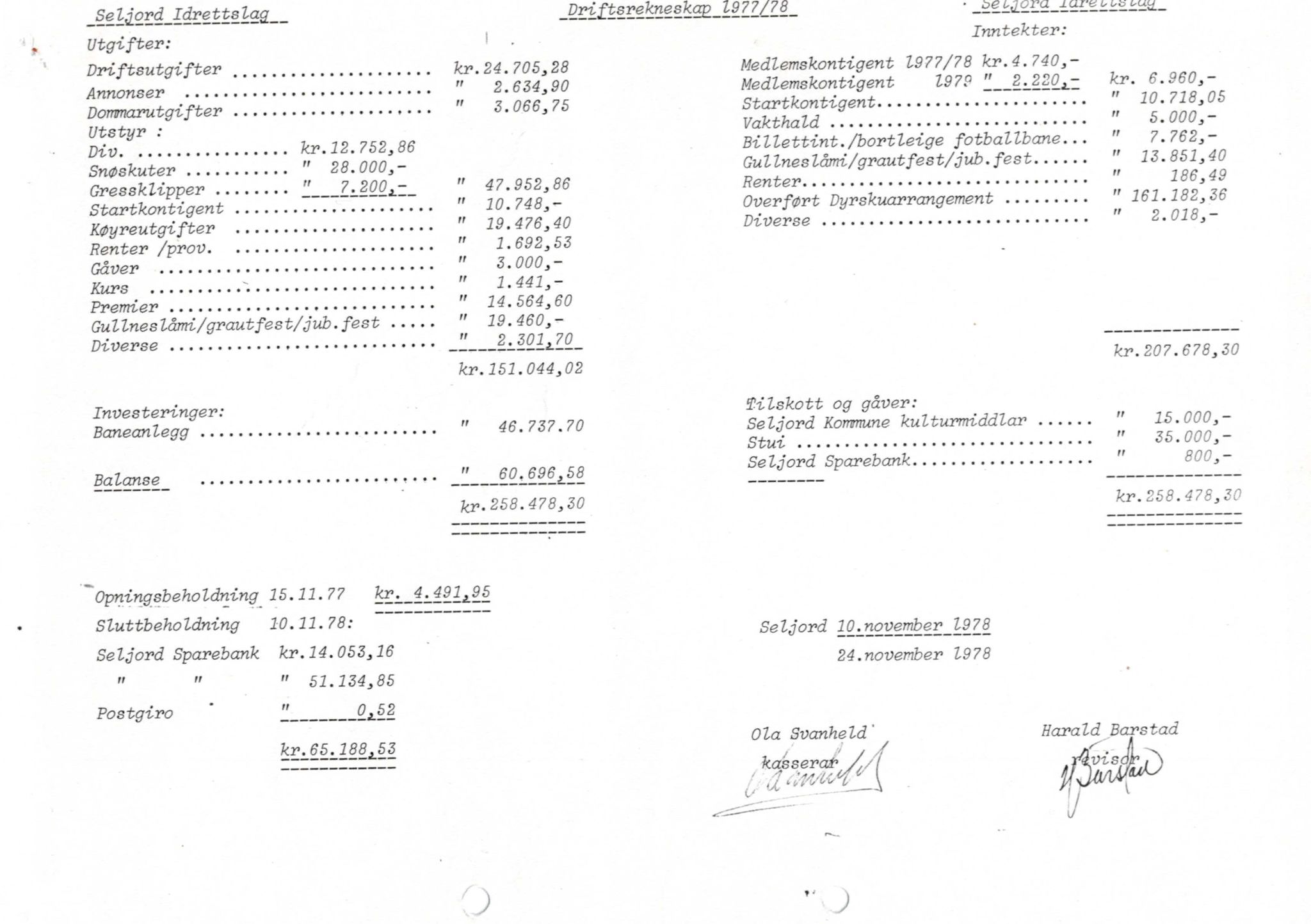 Seljord Idrettslag, VTM/A-1034/A/Ab/L0001: Årsmeldingar, 1978