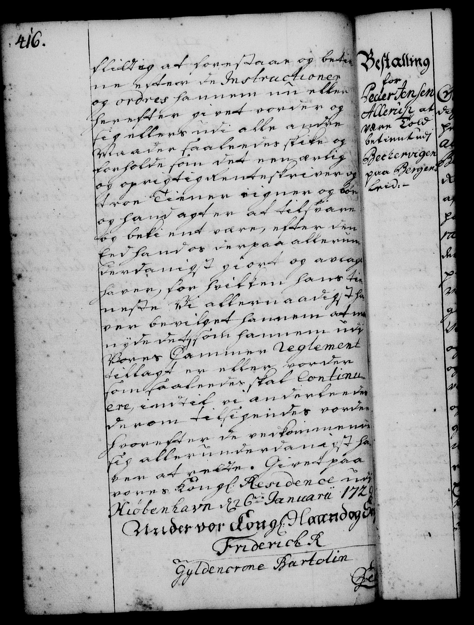 Rentekammeret, Kammerkanselliet, RA/EA-3111/G/Gg/Gge/L0001: Norsk bestallingsprotokoll med register (merket RK 53.25), 1720-1730, p. 416