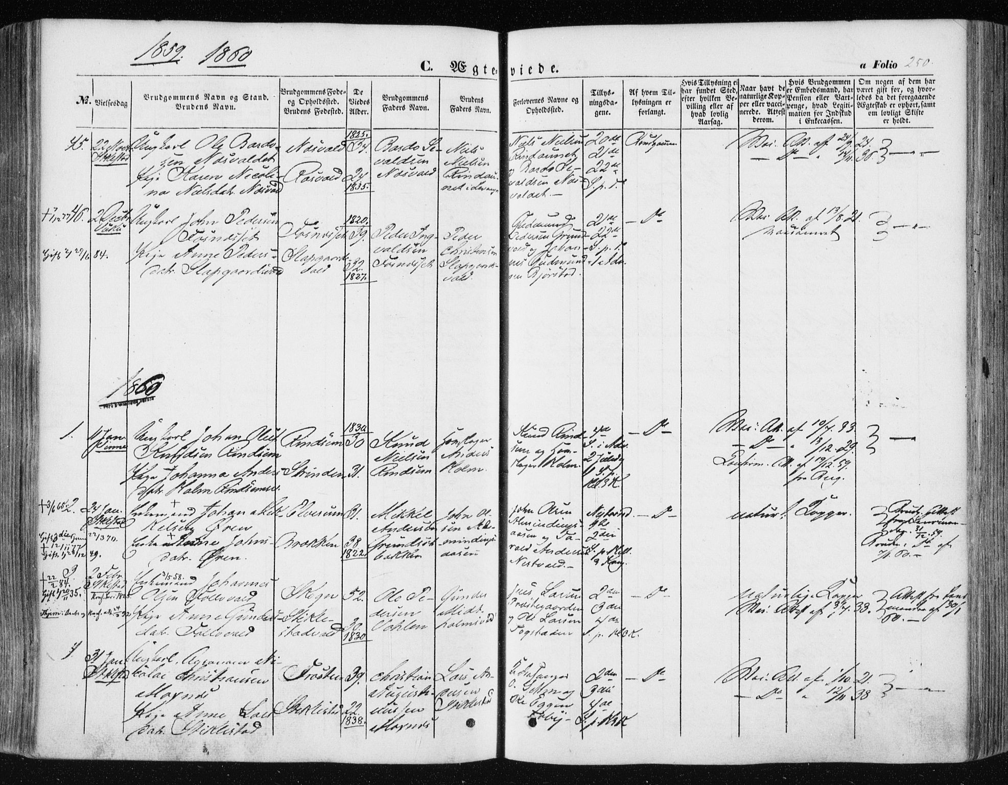 Ministerialprotokoller, klokkerbøker og fødselsregistre - Nord-Trøndelag, SAT/A-1458/723/L0240: Parish register (official) no. 723A09, 1852-1860, p. 250
