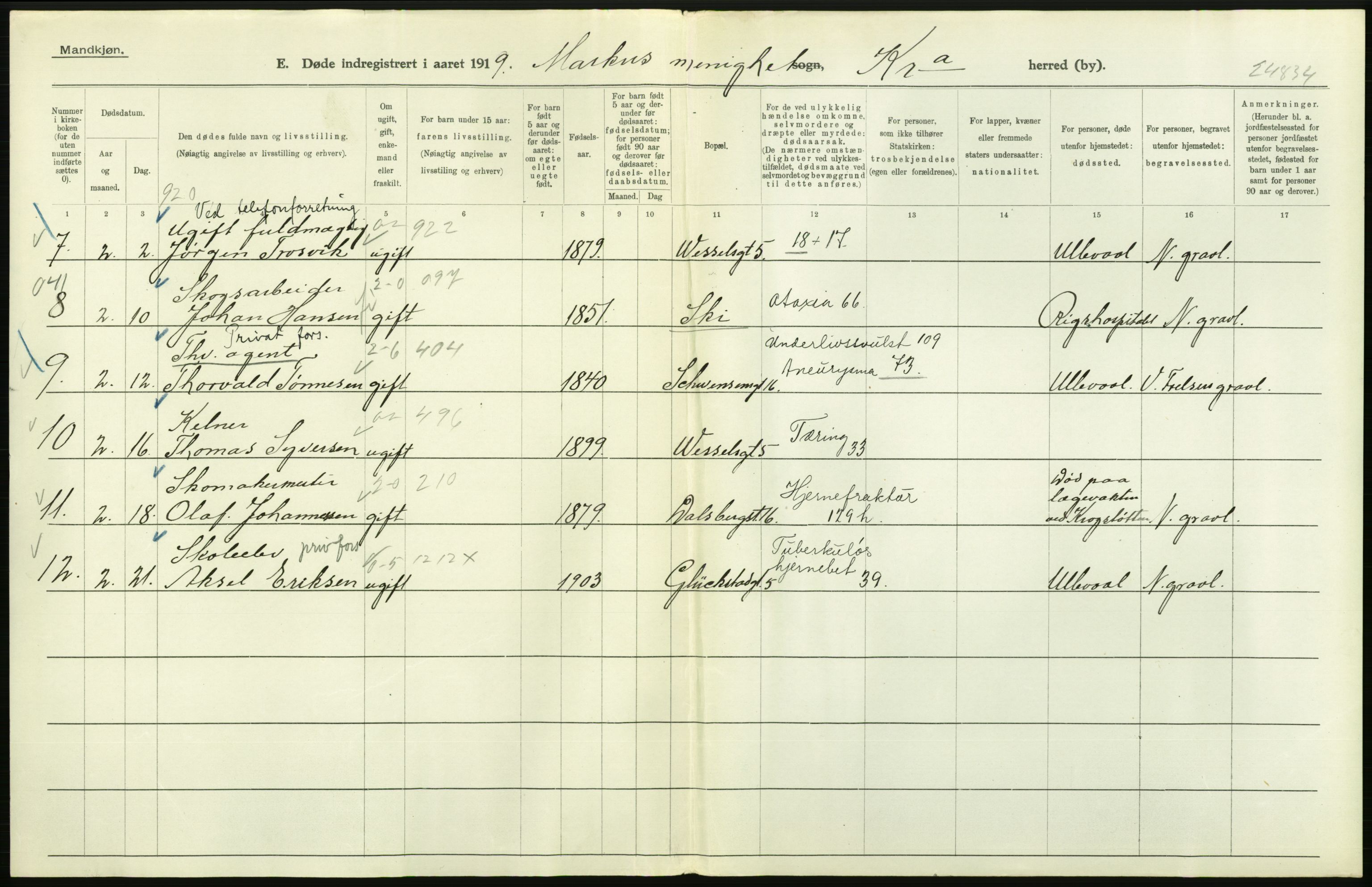 Statistisk sentralbyrå, Sosiodemografiske emner, Befolkning, AV/RA-S-2228/D/Df/Dfb/Dfbi/L0011: Kristiania: Døde, dødfødte, 1919