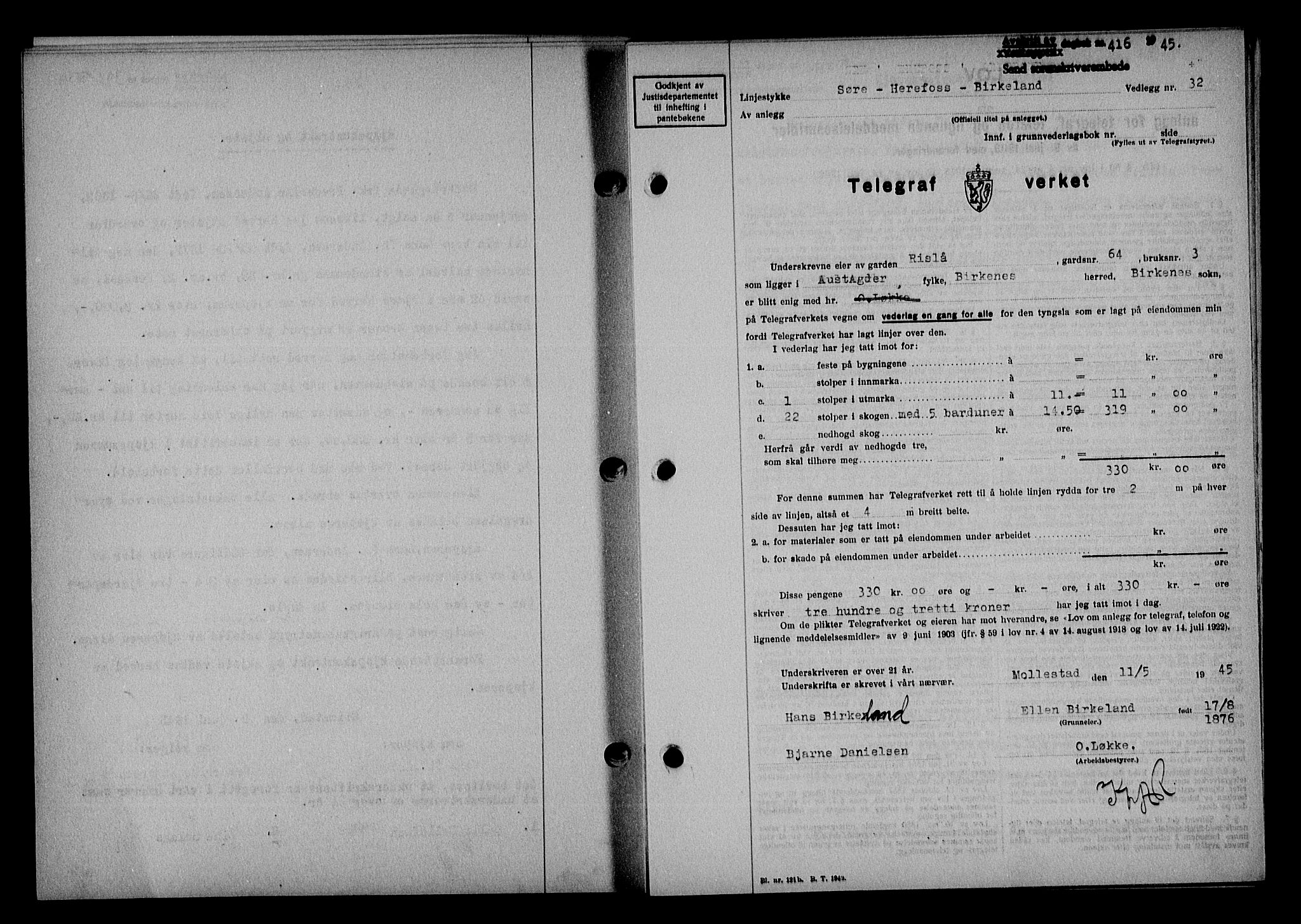 Vestre Nedenes/Sand sorenskriveri, SAK/1221-0010/G/Gb/Gba/L0053: Mortgage book no. A 6, 1944-1945, Diary no: : 416/1945