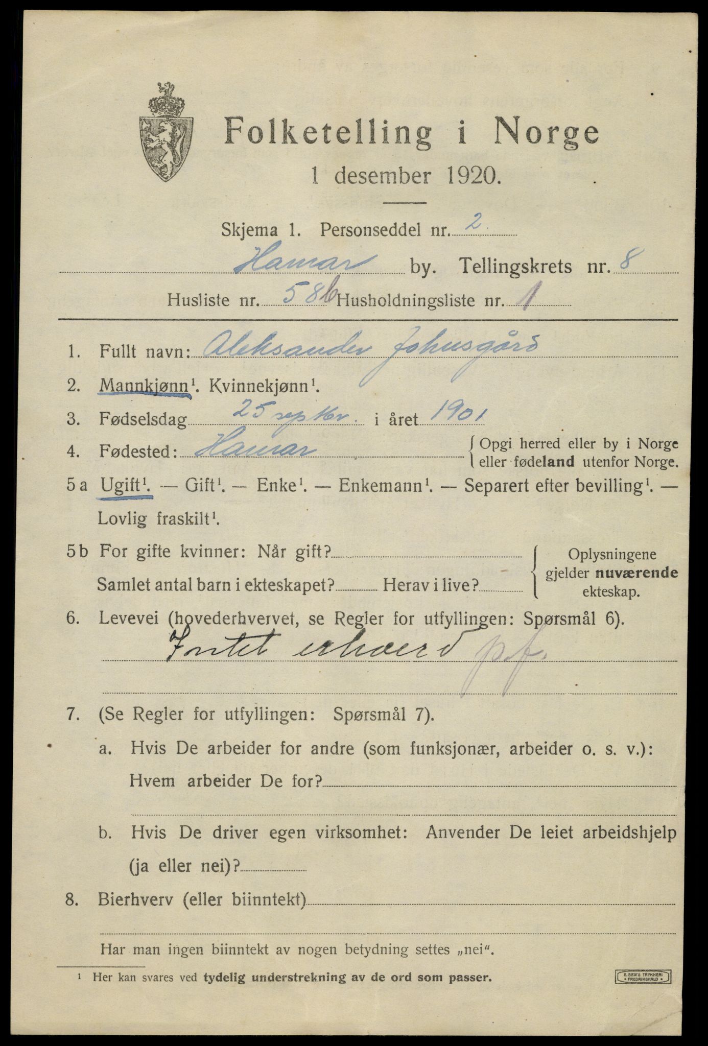 SAH, 1920 census for Hamar, 1920, p. 16085