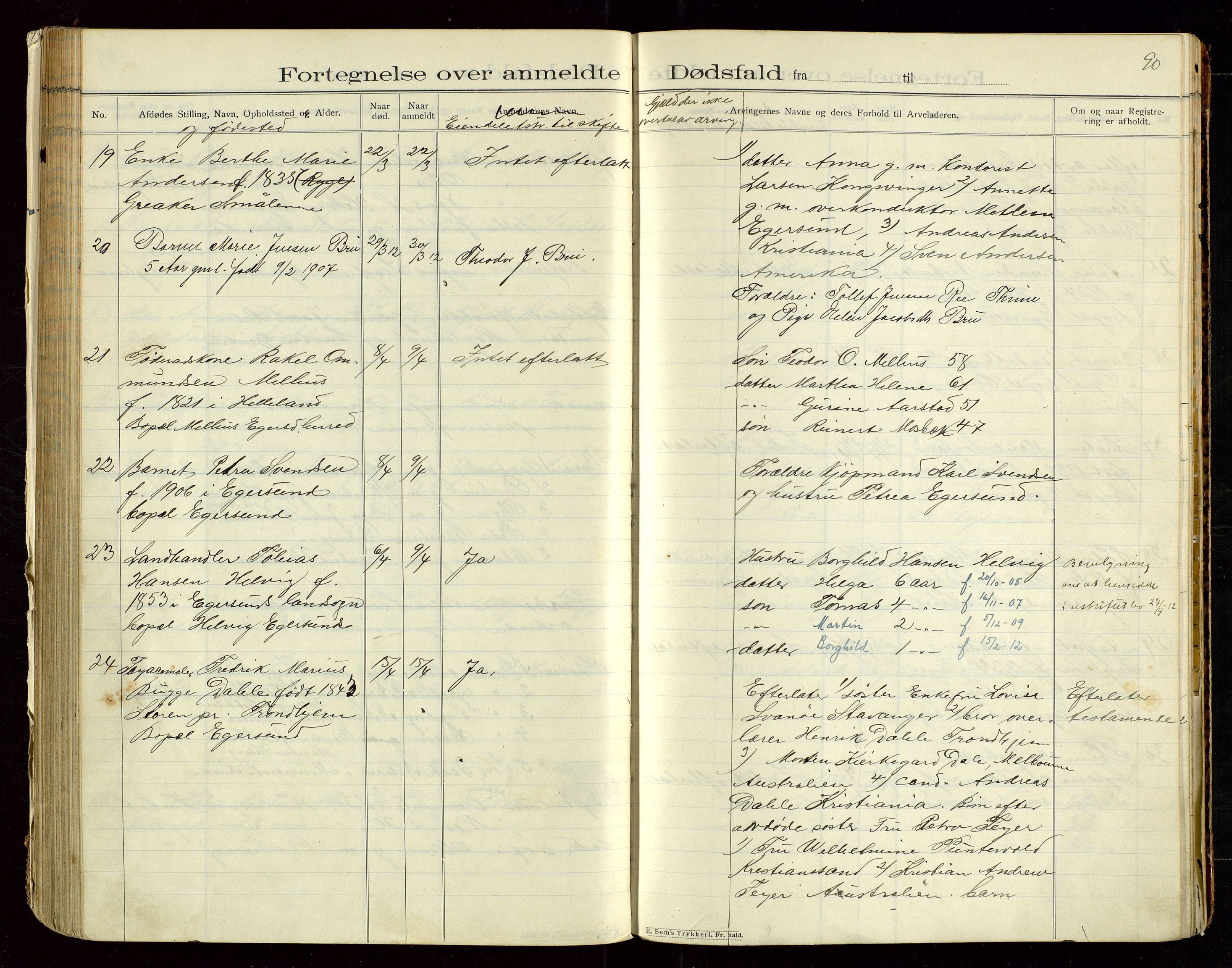 Eigersund lensmannskontor, SAST/A-100171/Gga/L0005: "Dødsfalds-Protokol" m/alfabetisk navneregister, 1905-1913, p. 90