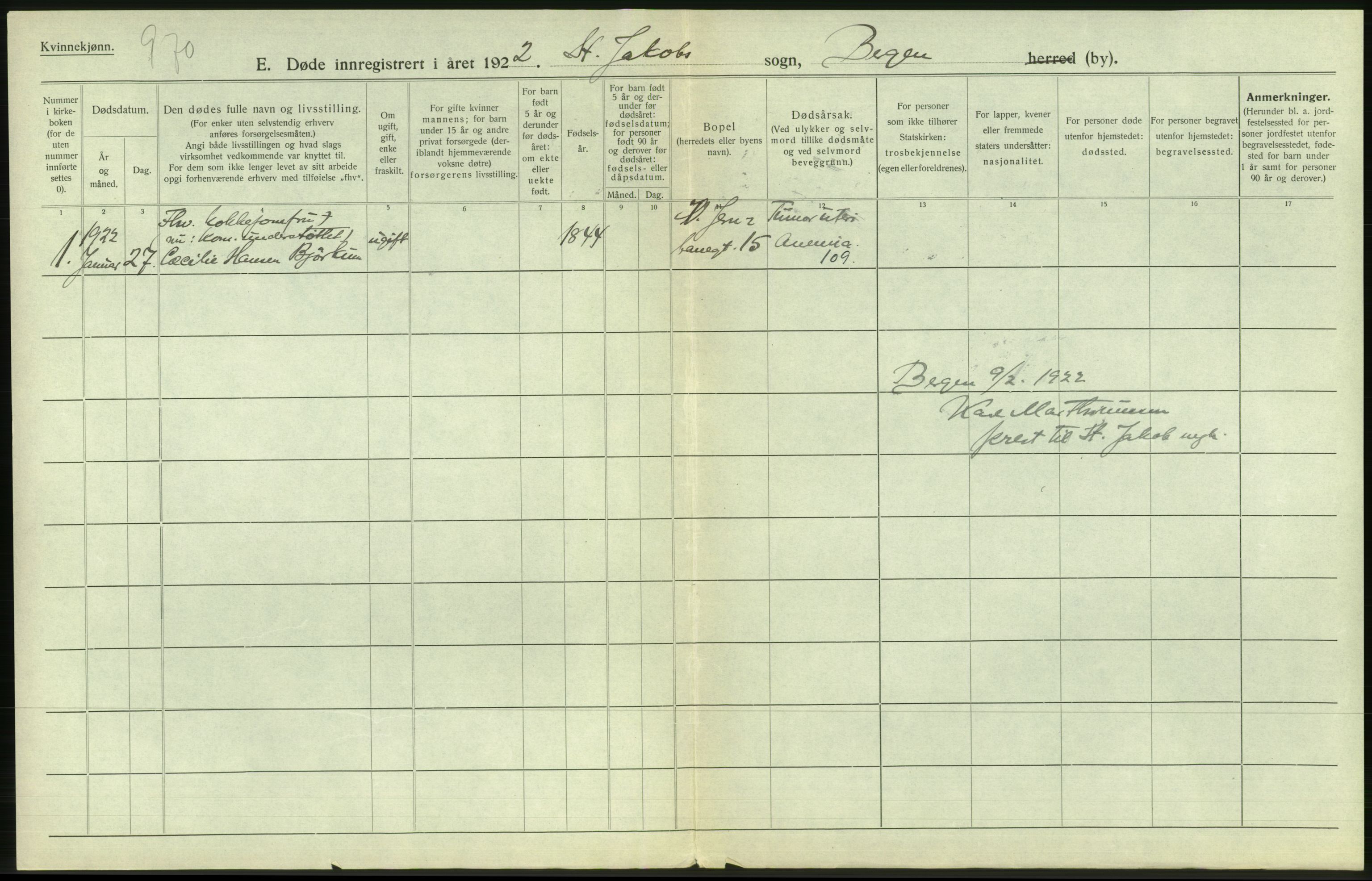 Statistisk sentralbyrå, Sosiodemografiske emner, Befolkning, AV/RA-S-2228/D/Df/Dfc/Dfcb/L0030: Bergen: Gifte, døde, dødfødte., 1922, p. 454