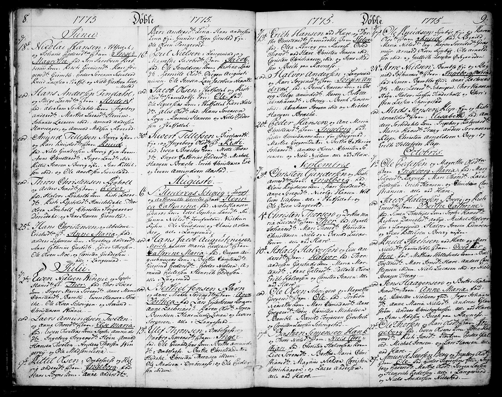 Bamble kirkebøker, SAKO/A-253/F/Fa/L0002: Parish register (official) no. I 2, 1775-1814, p. 8-9