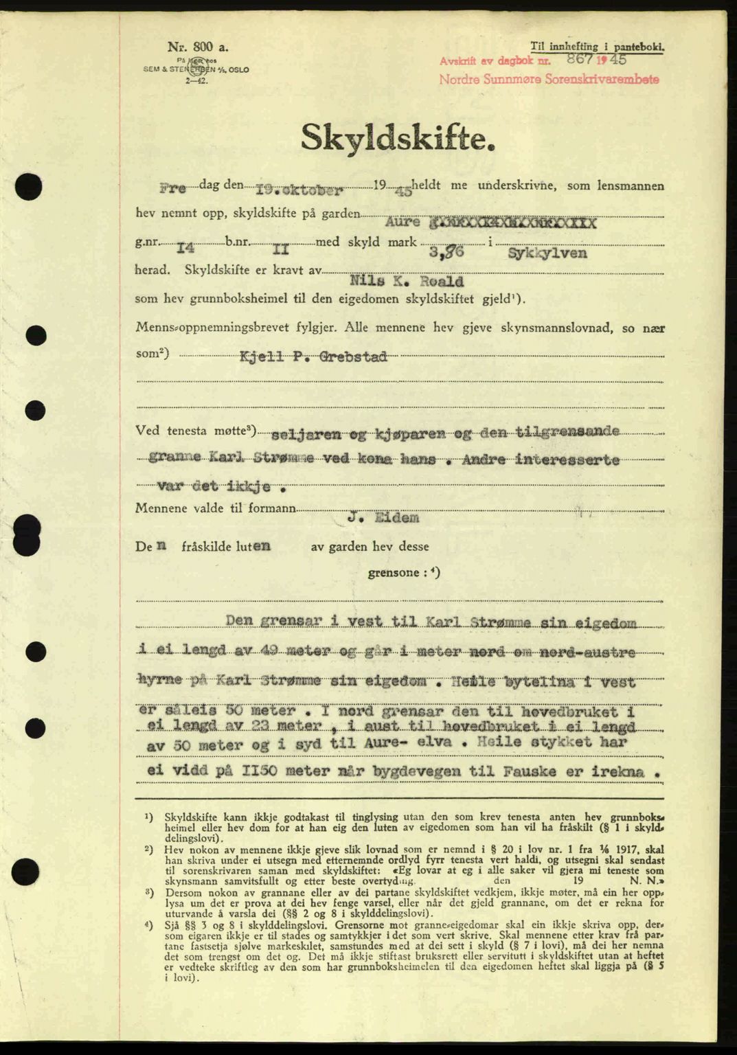 Nordre Sunnmøre sorenskriveri, AV/SAT-A-0006/1/2/2C/2Ca: Mortgage book no. A20a, 1945-1945, Diary no: : 867/1945