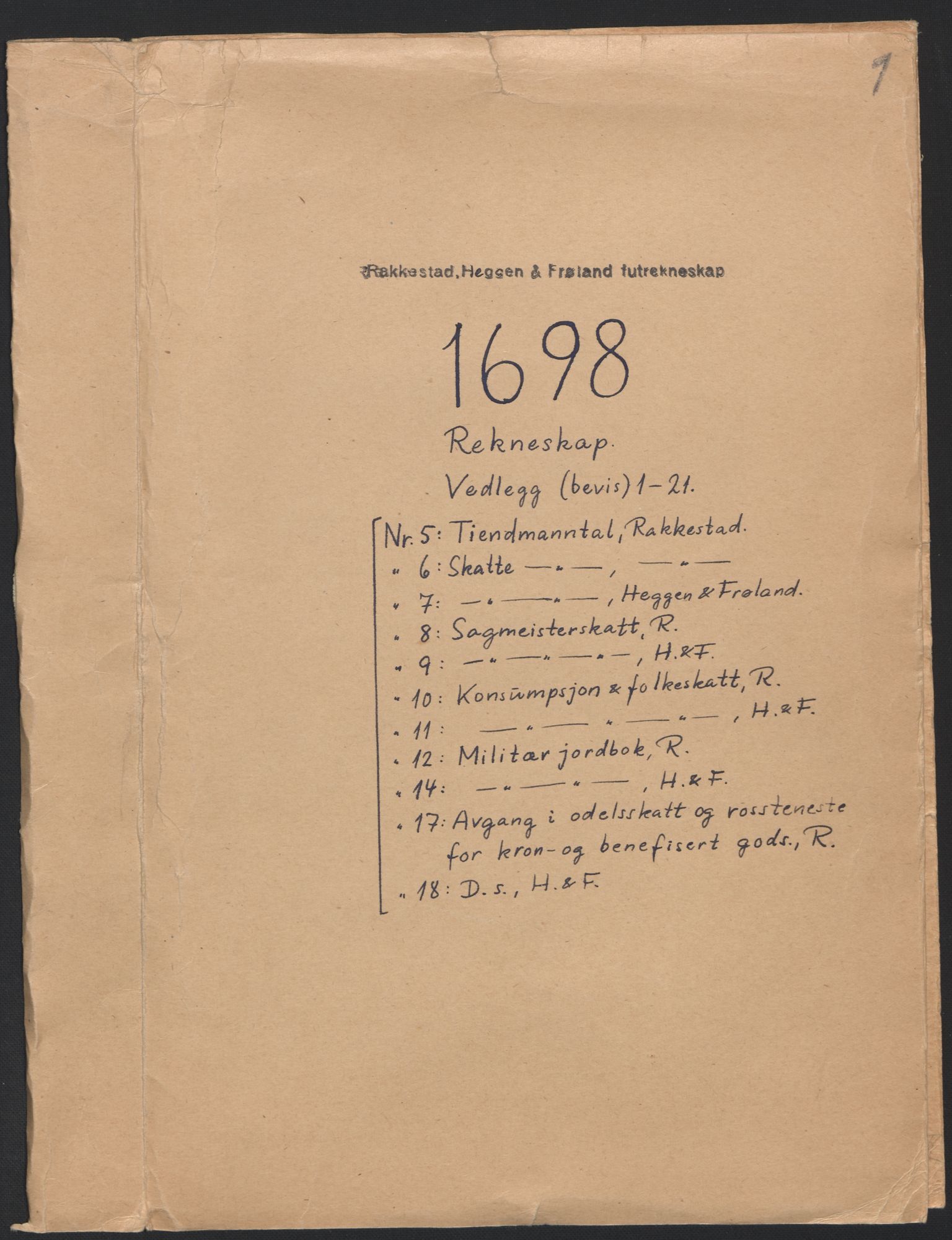 Rentekammeret inntil 1814, Reviderte regnskaper, Fogderegnskap, RA/EA-4092/R07/L0288: Fogderegnskap Rakkestad, Heggen og Frøland, 1698, p. 2