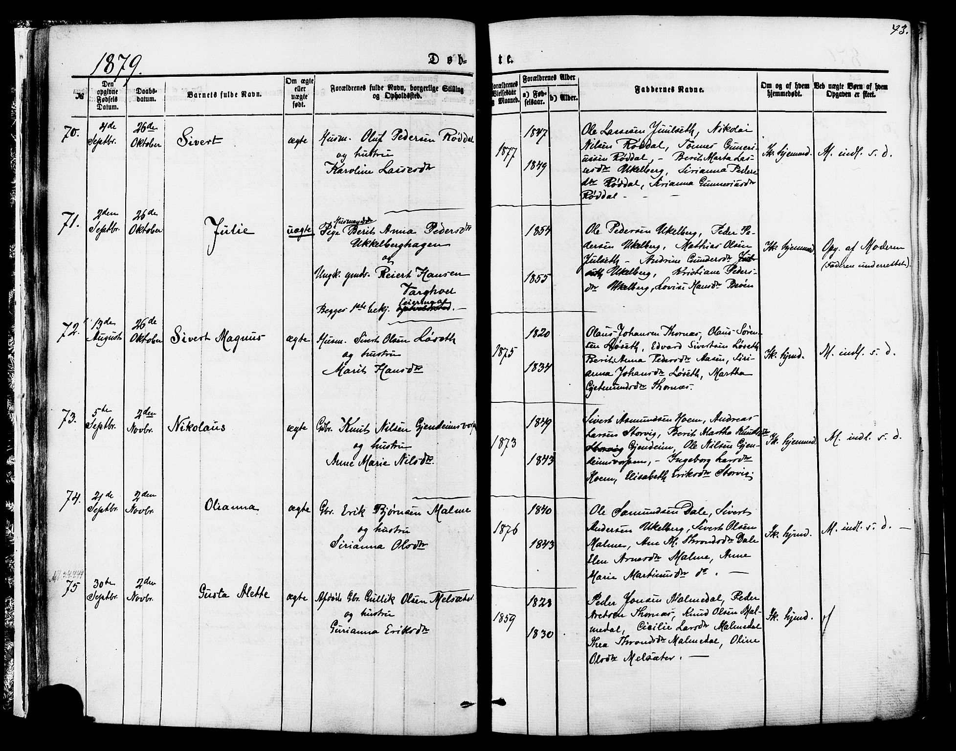 Ministerialprotokoller, klokkerbøker og fødselsregistre - Møre og Romsdal, AV/SAT-A-1454/565/L0749: Parish register (official) no. 565A03, 1871-1886, p. 43