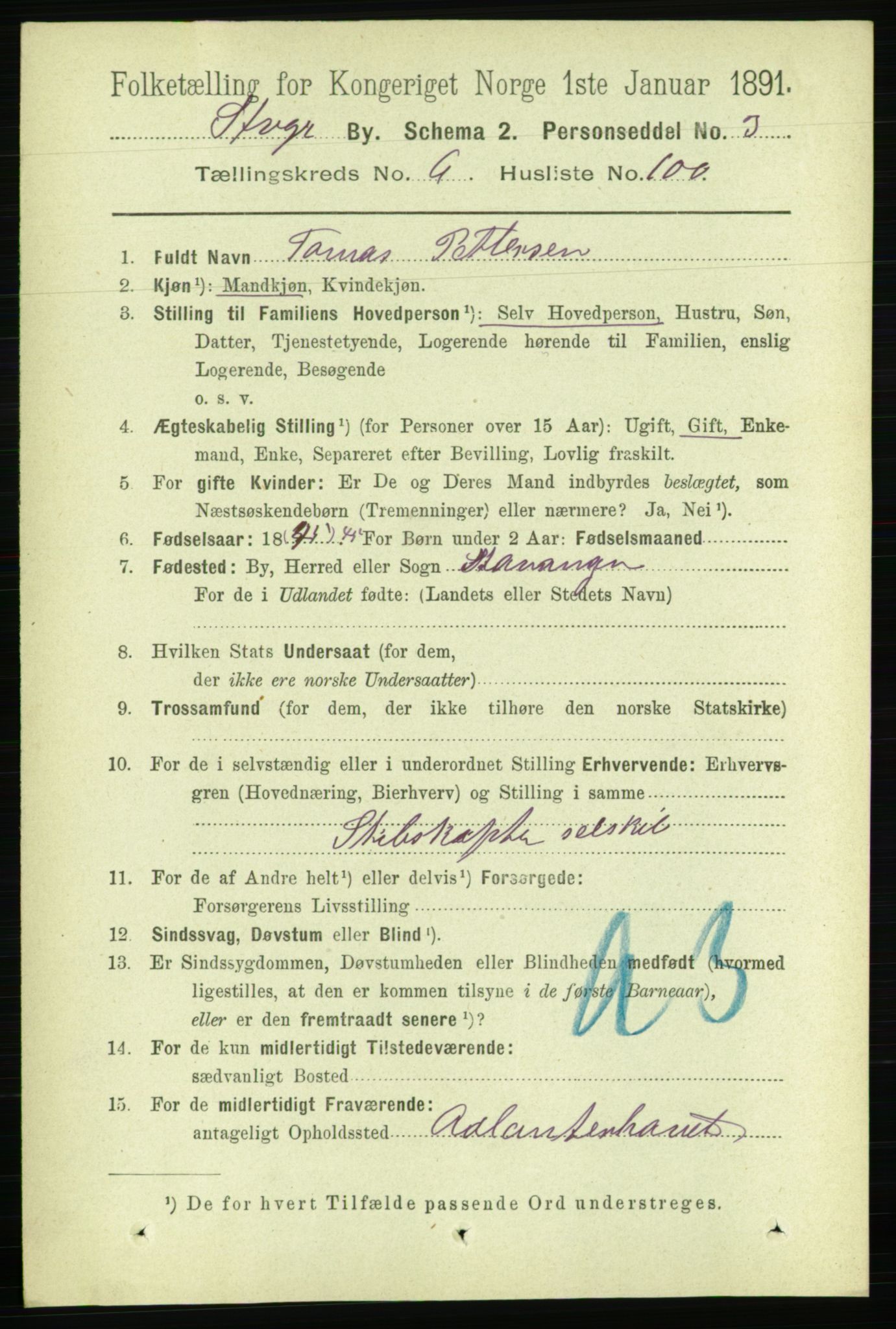 RA, 1891 census for 1103 Stavanger, 1891, p. 10892