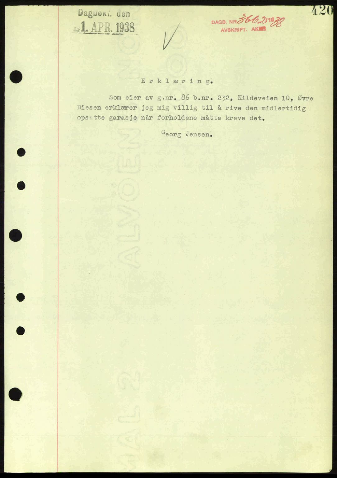 Aker herredsskriveri, AV/SAO-A-10896/G/Gb/Gba/Gbab/L0021: Mortgage book no. A151-152, 1938-1938, Diary no: : 3662/1938