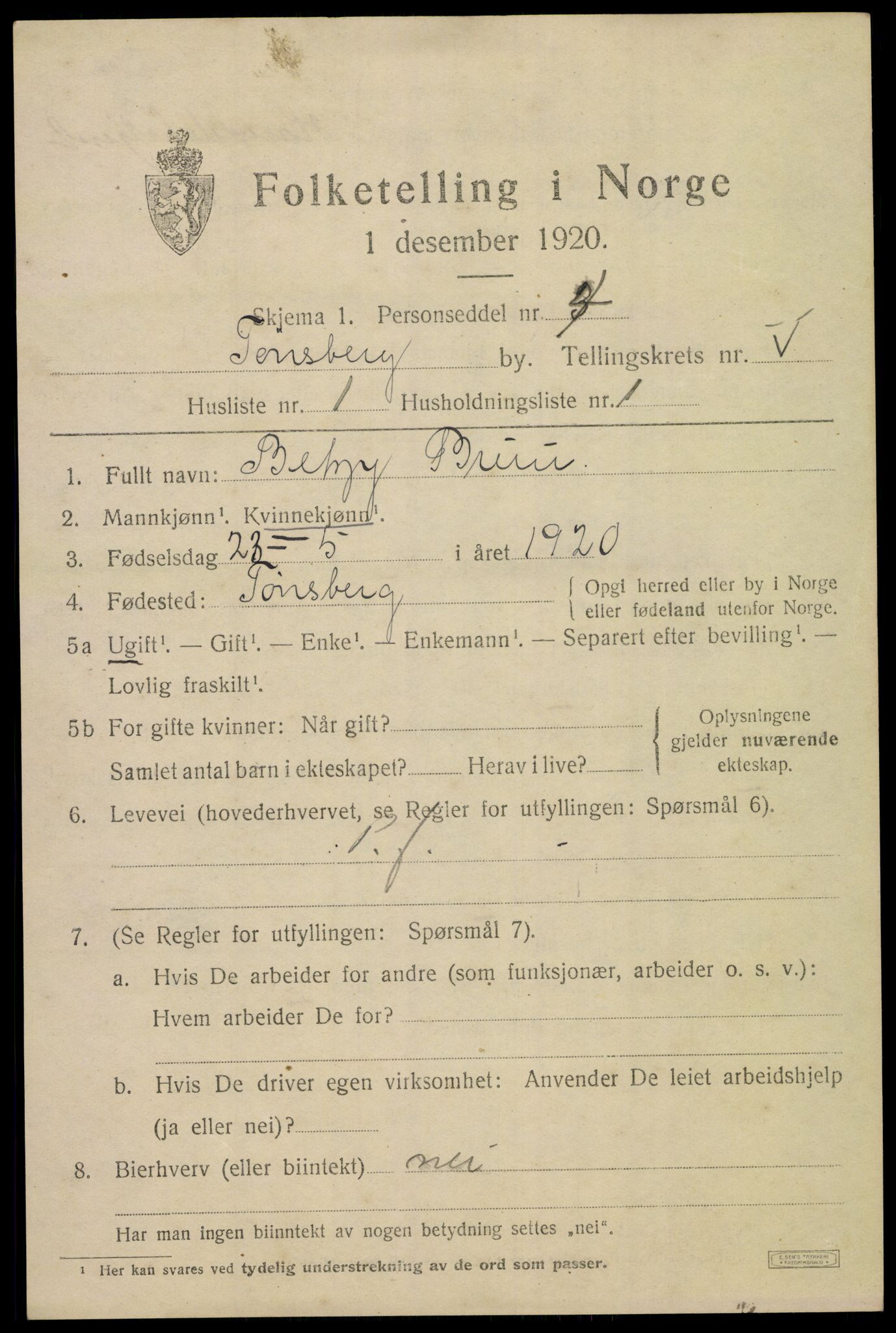 SAKO, 1920 census for Tønsberg, 1920, p. 13137