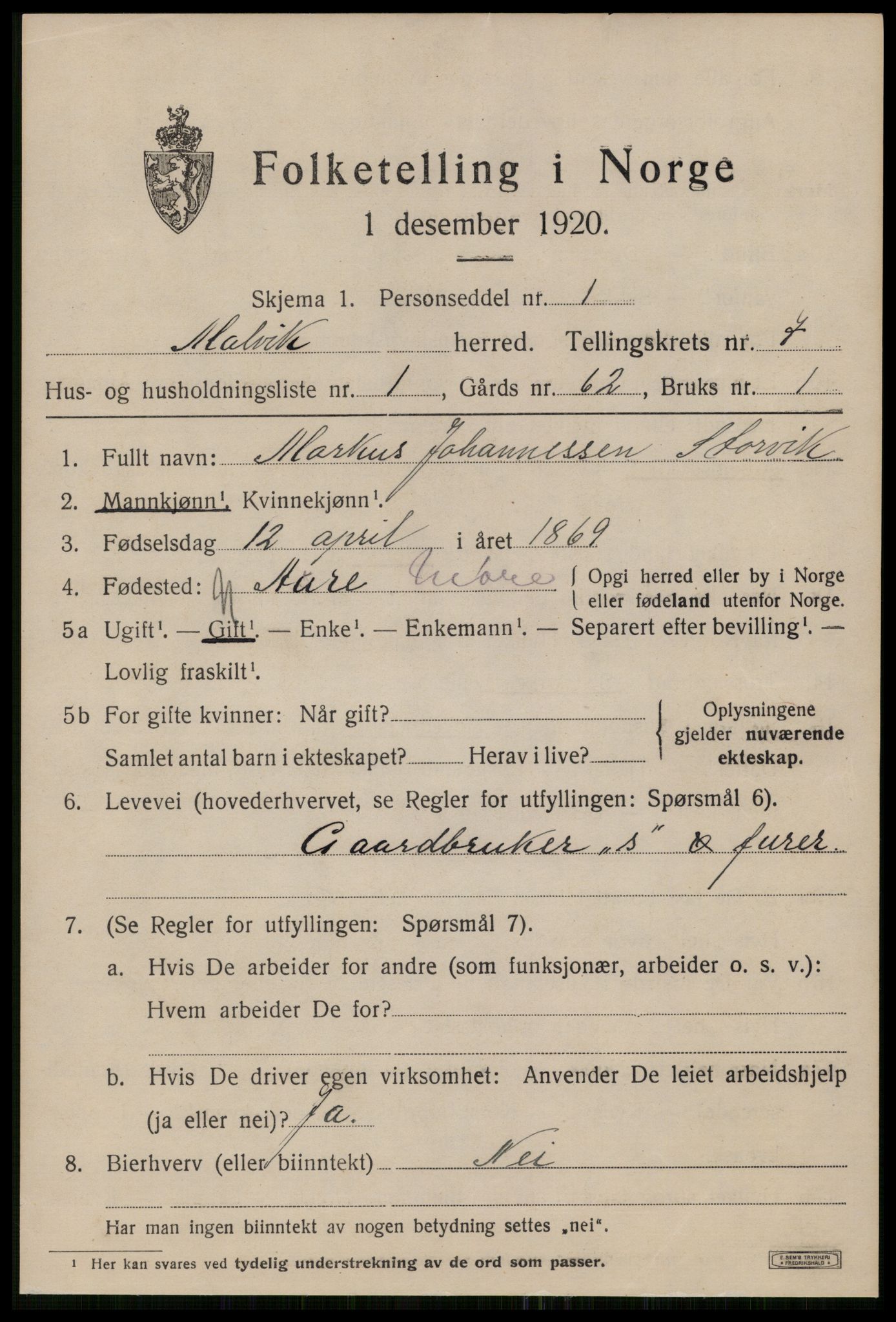 SAT, 1920 census for Malvik, 1920, p. 7216