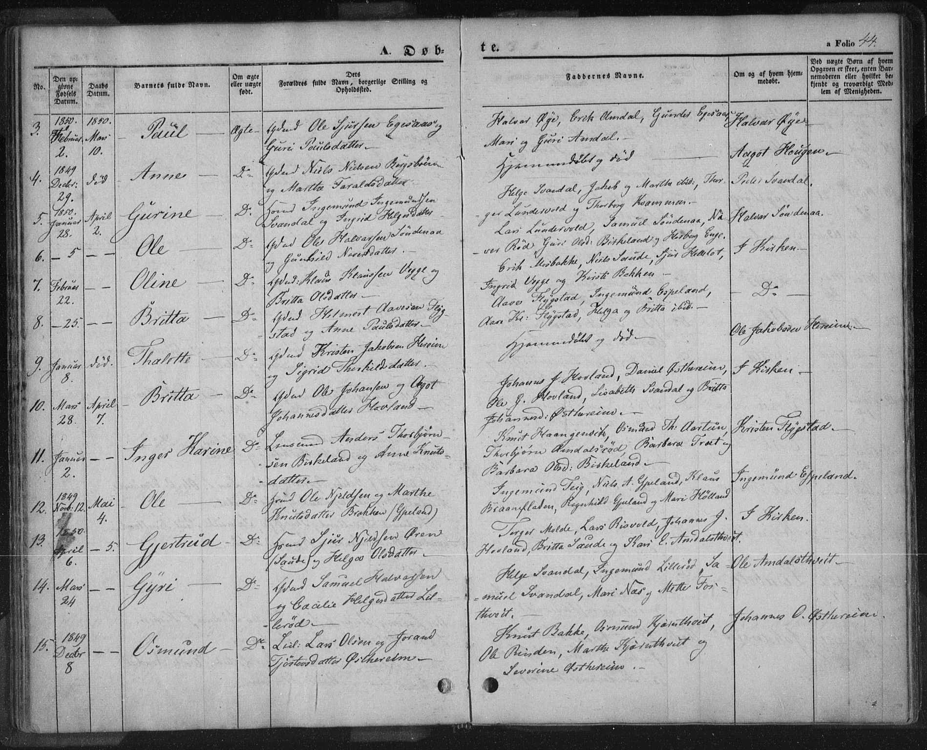 Sand sokneprestkontor, AV/SAST-A-101848/01/III/L0002: Parish register (official) no. A 2, 1838-1859, p. 44