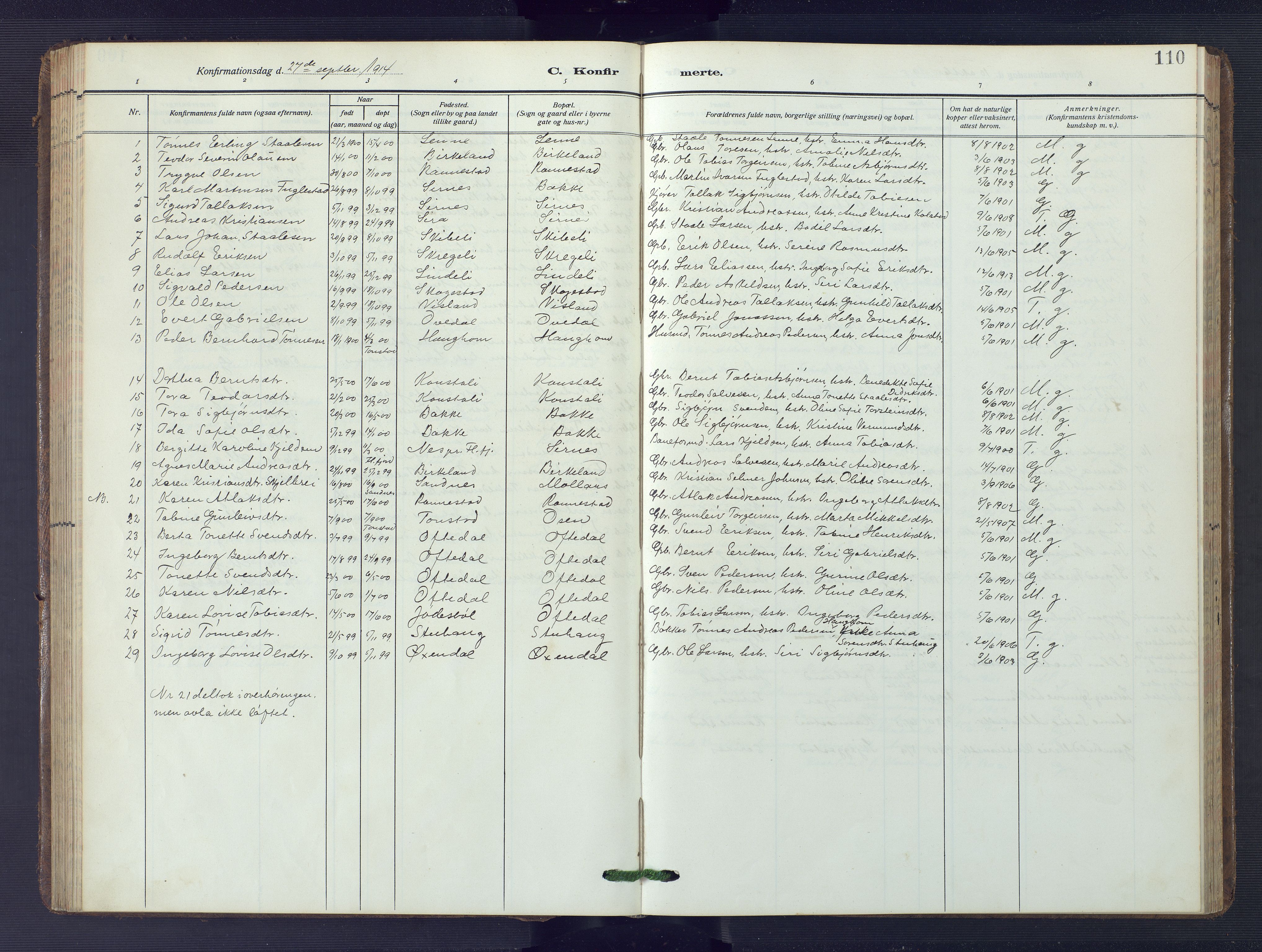 Bakke sokneprestkontor, SAK/1111-0002/F/Fb/Fba/L0004: Parish register (copy) no. B 4, 1911-1946, p. 110