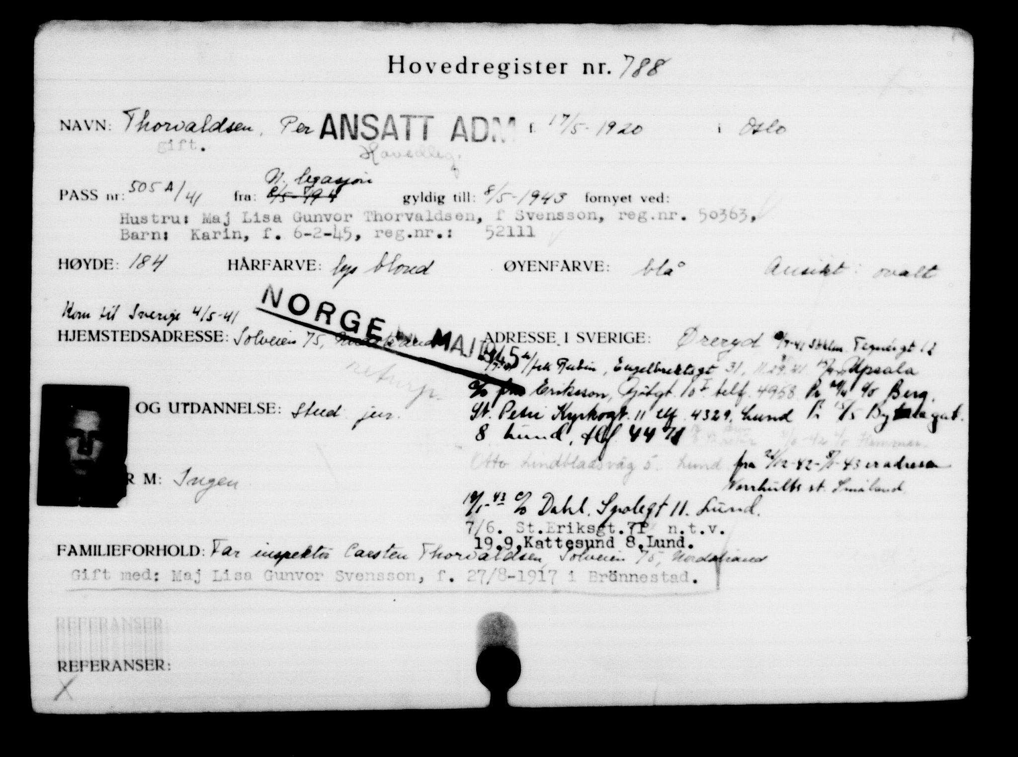 Utenriksstasjonene, Legasjonen i Stockholm, Flyktningkontoret, AV/RA-S-6753/V/Va/L0001: Kjesäterkartoteket, flyktninger med registreringsnr. 1-1000, 1940-1945, p. 1247