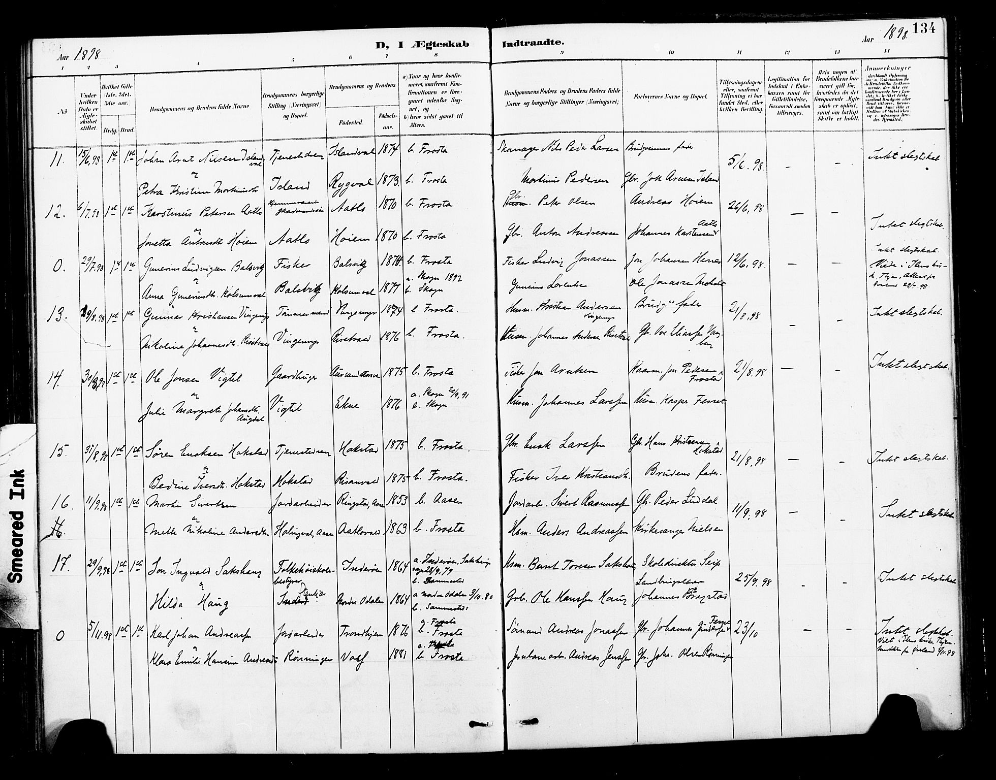 Ministerialprotokoller, klokkerbøker og fødselsregistre - Nord-Trøndelag, AV/SAT-A-1458/713/L0121: Parish register (official) no. 713A10, 1888-1898, p. 134