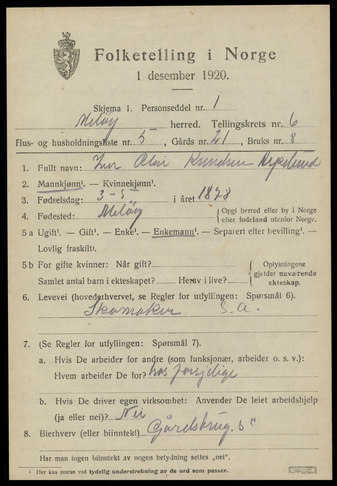 SAT, 1920 census for Meløy, 1920, p. 3451